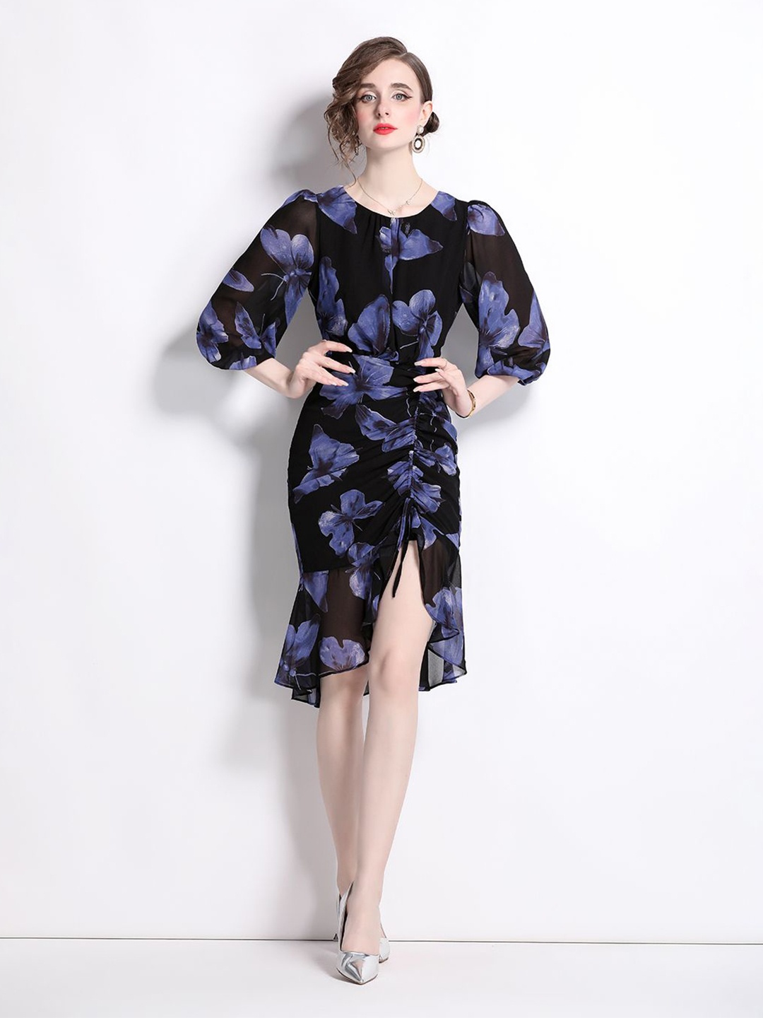 

JC Collection Women Floral Printed Puff Sleeves A-Line Dress, Blue