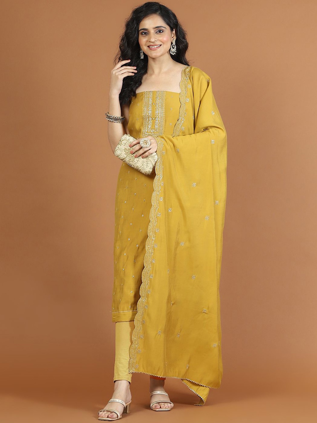 

Meena Bazaar Embroidered Art Silk Unstitched Dress Material, Mustard