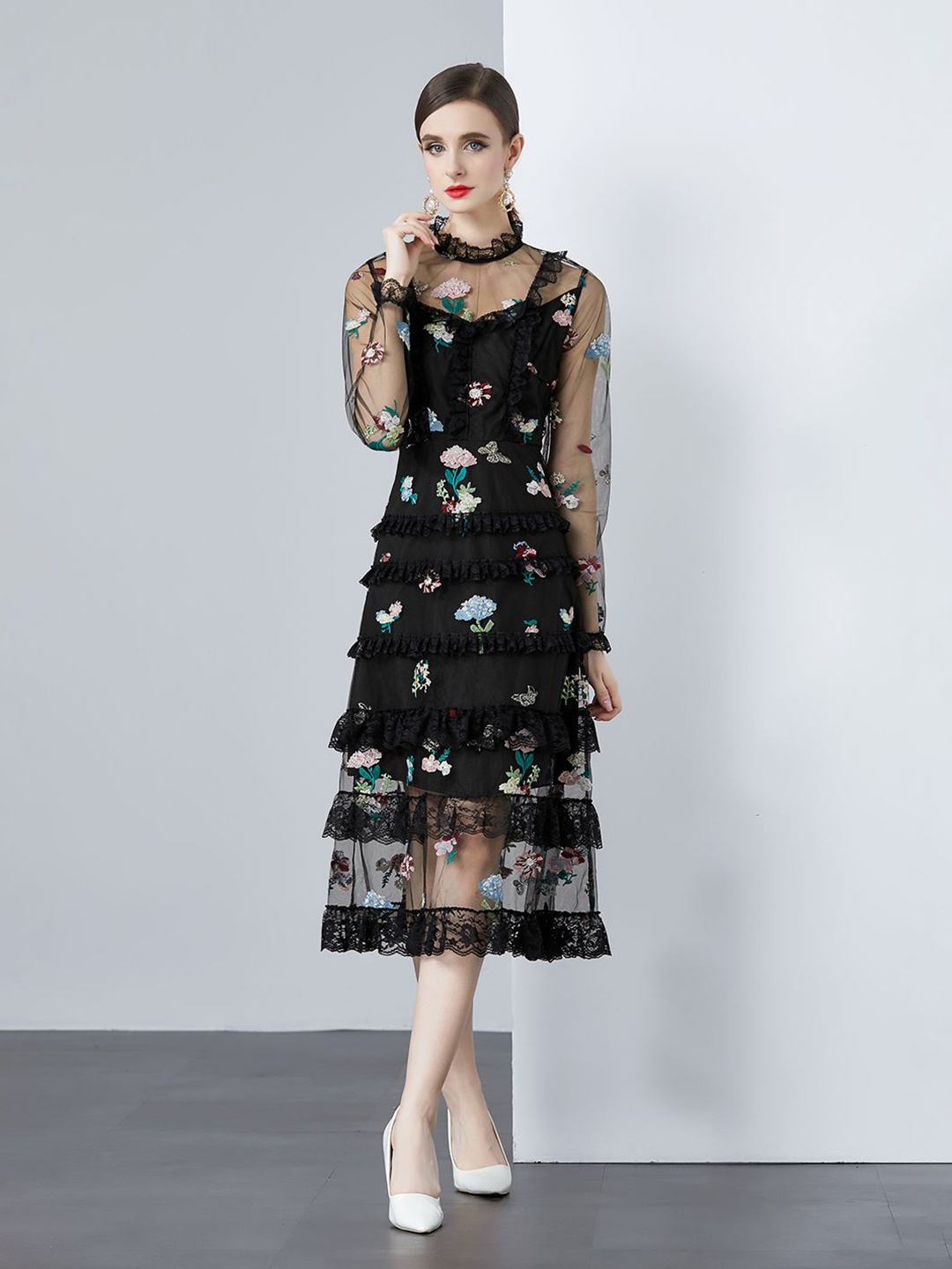 

JC Collection Women Floral Printed Cuffed Sleeve Fit & Flare Midi Dress, Black