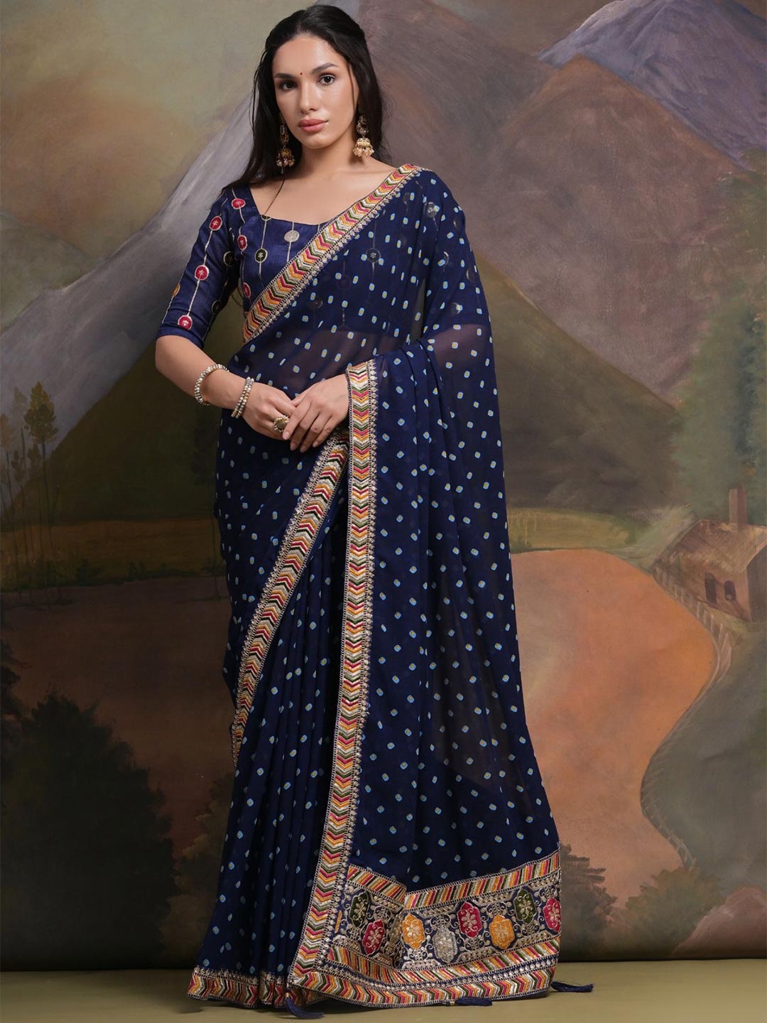 

Mitera Bandhani Sequinned Poly Georgette Saree, Blue