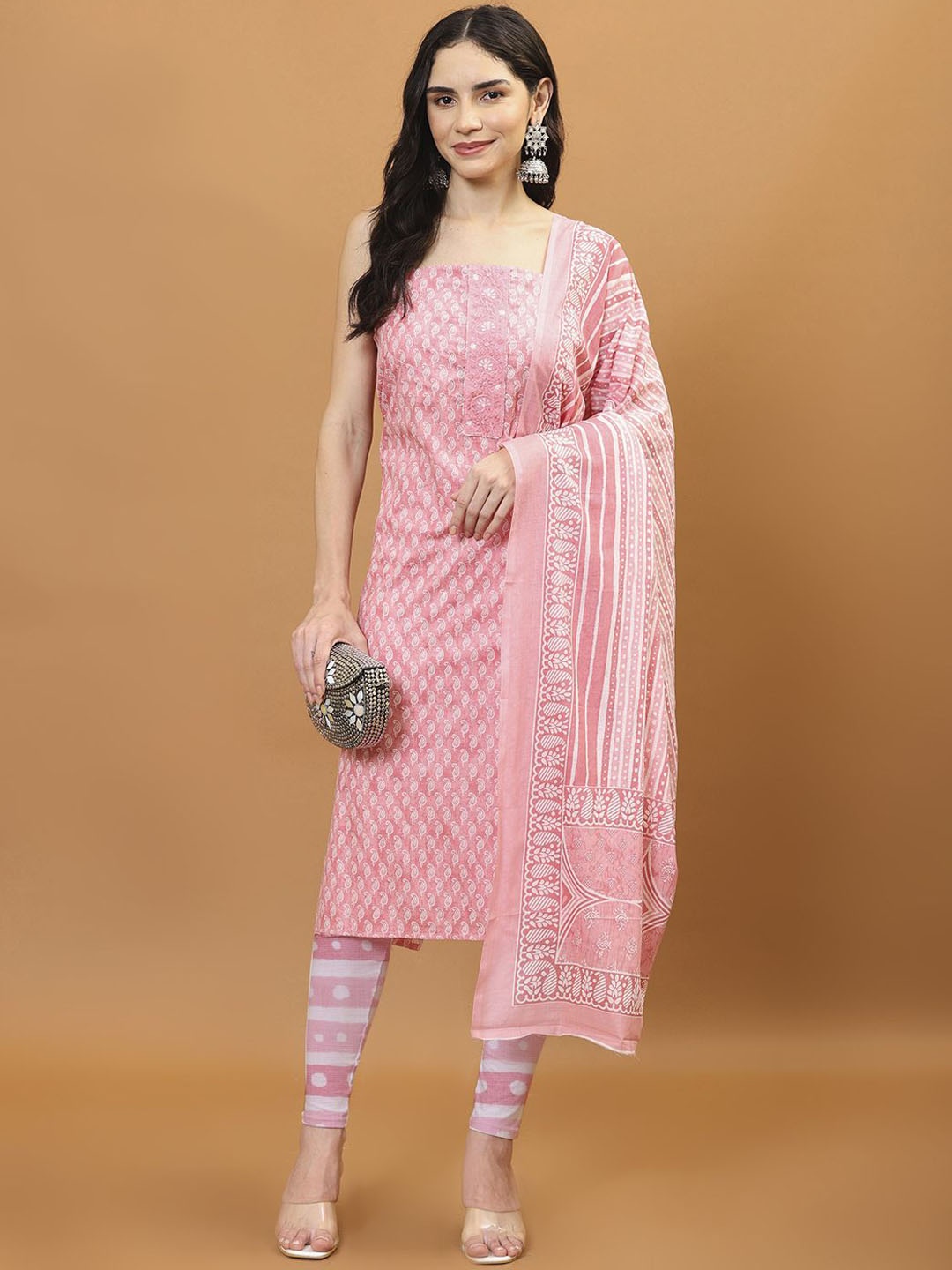 

Meena Bazaar Printed Unstitched Dress Material, Pink