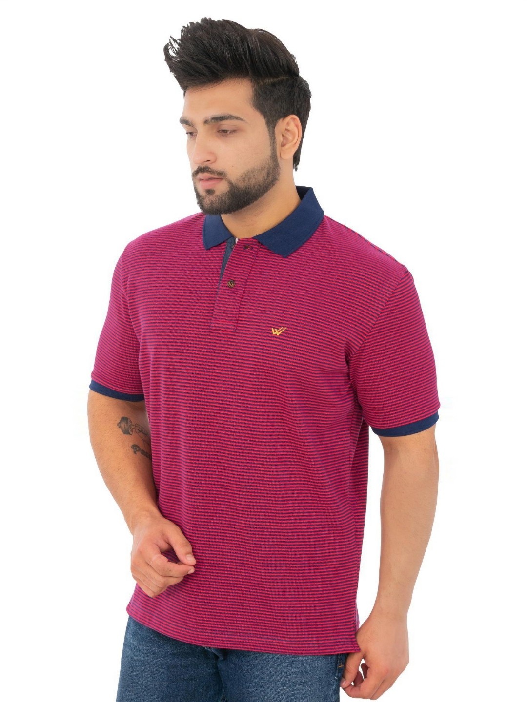 

WILD COPS Men Striped Polo Collar T-shirt, Purple