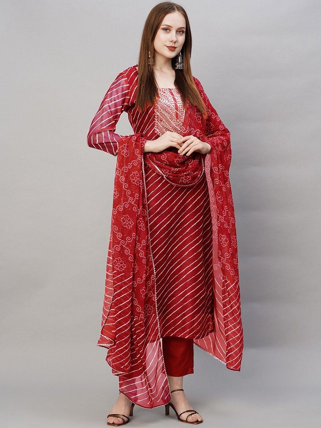 

GoSriKi Women Printed Regular Thread Work Kurta with Trousers & With Dupatta, Red