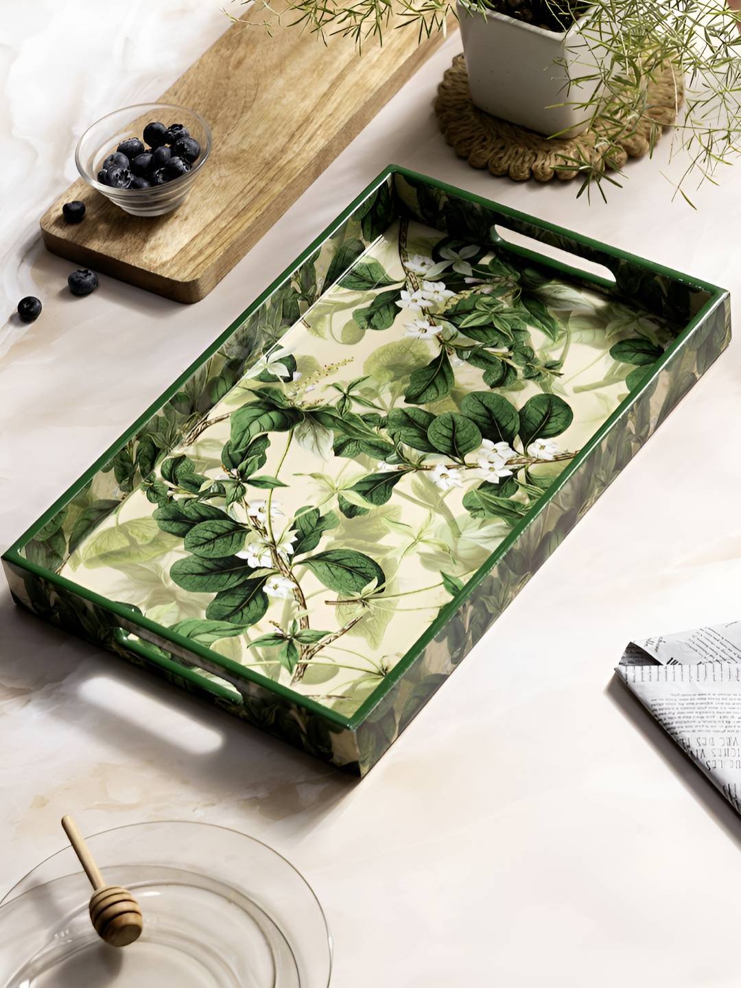 

DULI Green & Beige Floral Printed Wooden Serving Tray