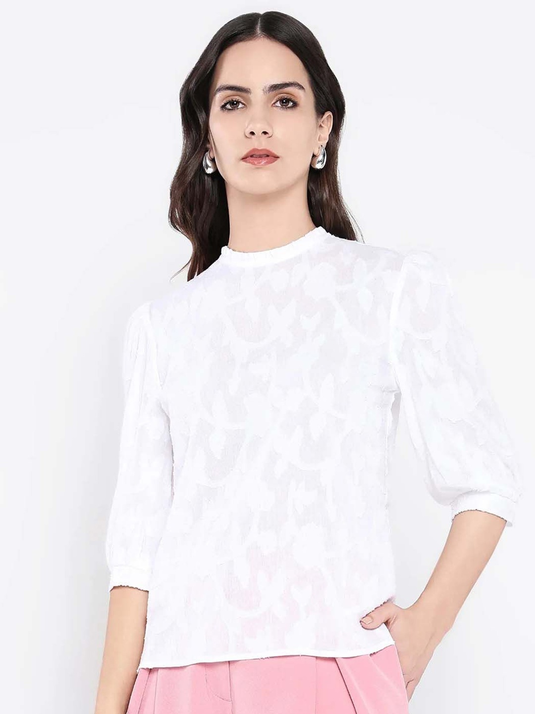 

RAREISM Women Floral Printed Round Neck Cotton Top, White