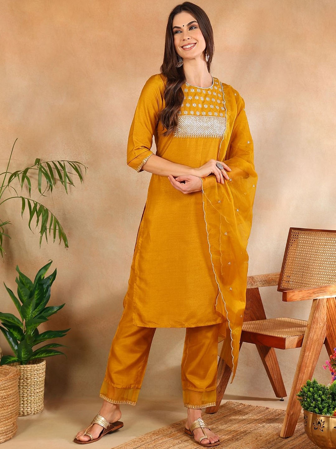 

AHIKA Women Floral Embroidered Regular Sequinned Kurta with Trousers & With Dupatta, Mustard