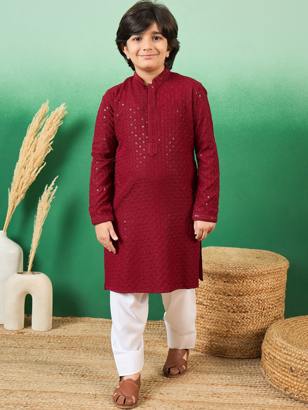 

Sangria Boys Chikankari & Sequined Kurta & Patiala Sets, Maroon