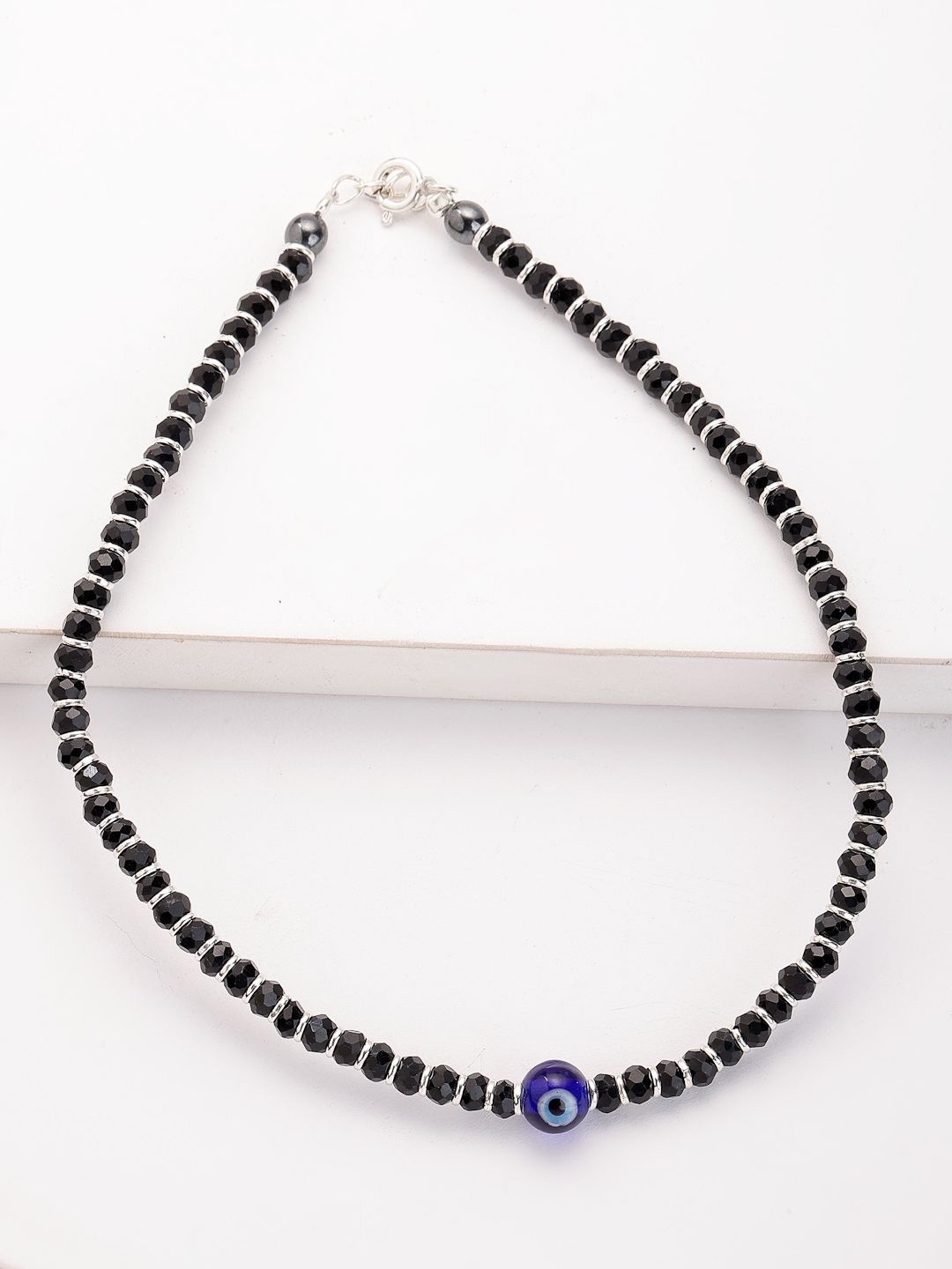 

PANASH 925 Sterling Silver Rhodium-Plated Beaded Evil Eye Charm Anklet