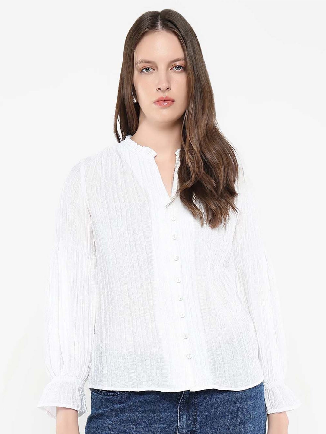 

RAREISM Women Self Design Mandarin Collar Top, White