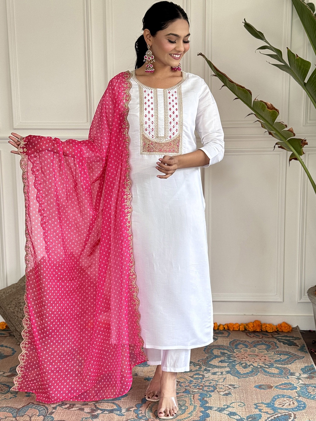 

S.K.C Ethnic Motifs Yoke Design Sequinned Straight Kurta With Trouser & Dupatta, White