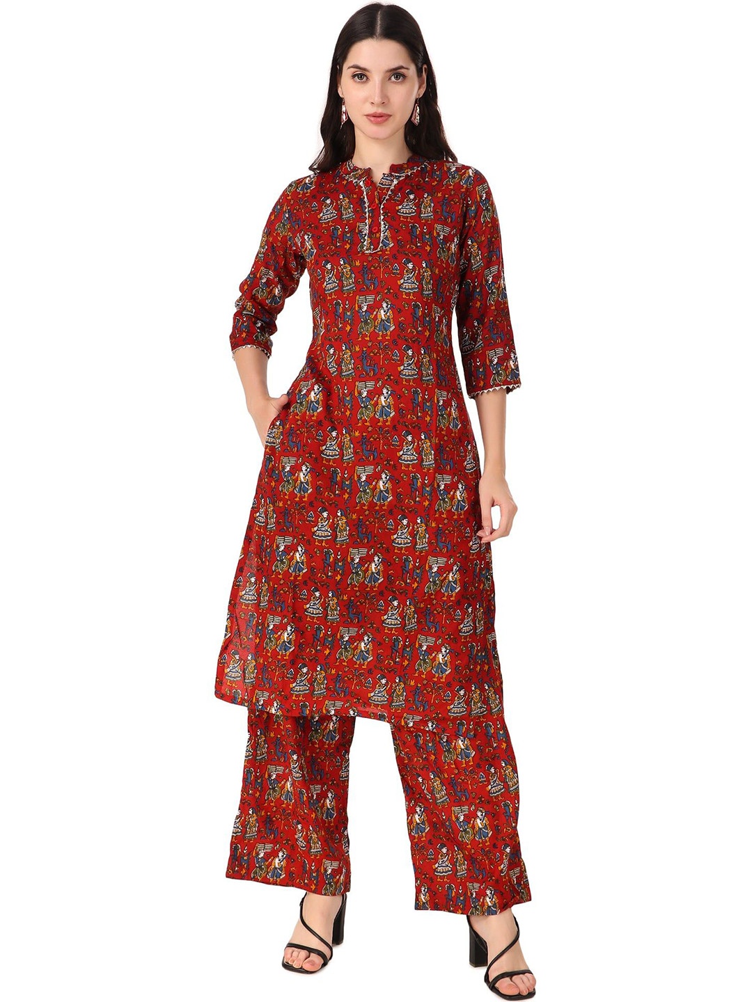 

Magnetism Jaipuri Traditional Kalamkari Printed Cotton Kurta with Detachable Linning, Red