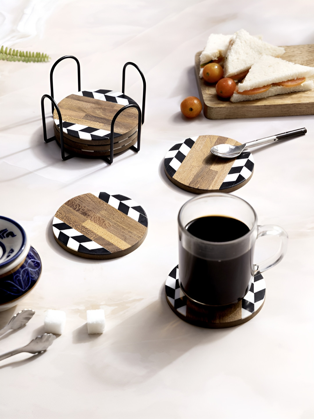 

DULI Brown & Black 6 Pieces Printed Wooden Round Coasters With Stand