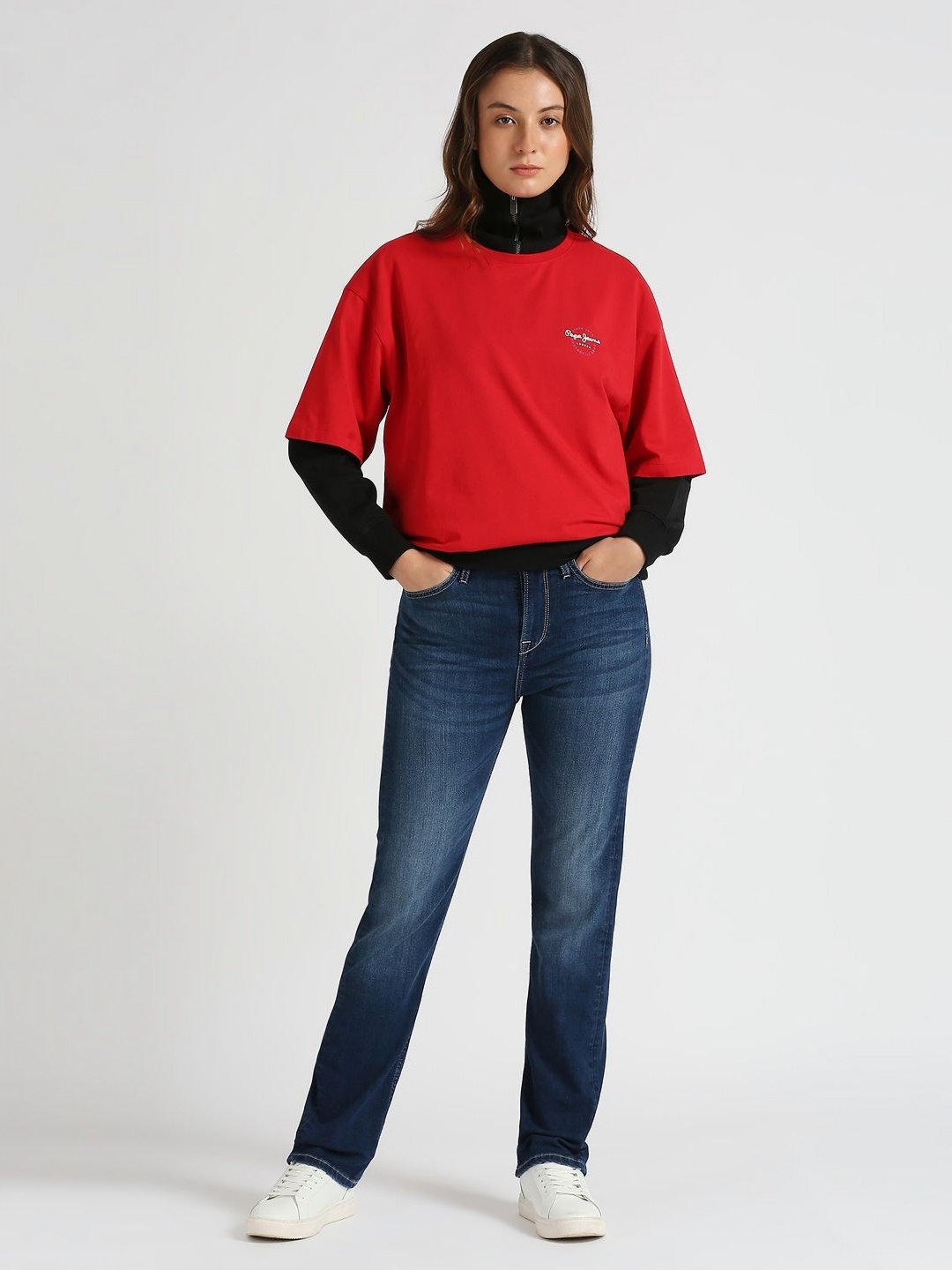 

Pepe Jeans Women Printed Pure Cotton Applique Oversized T-shirt, Red