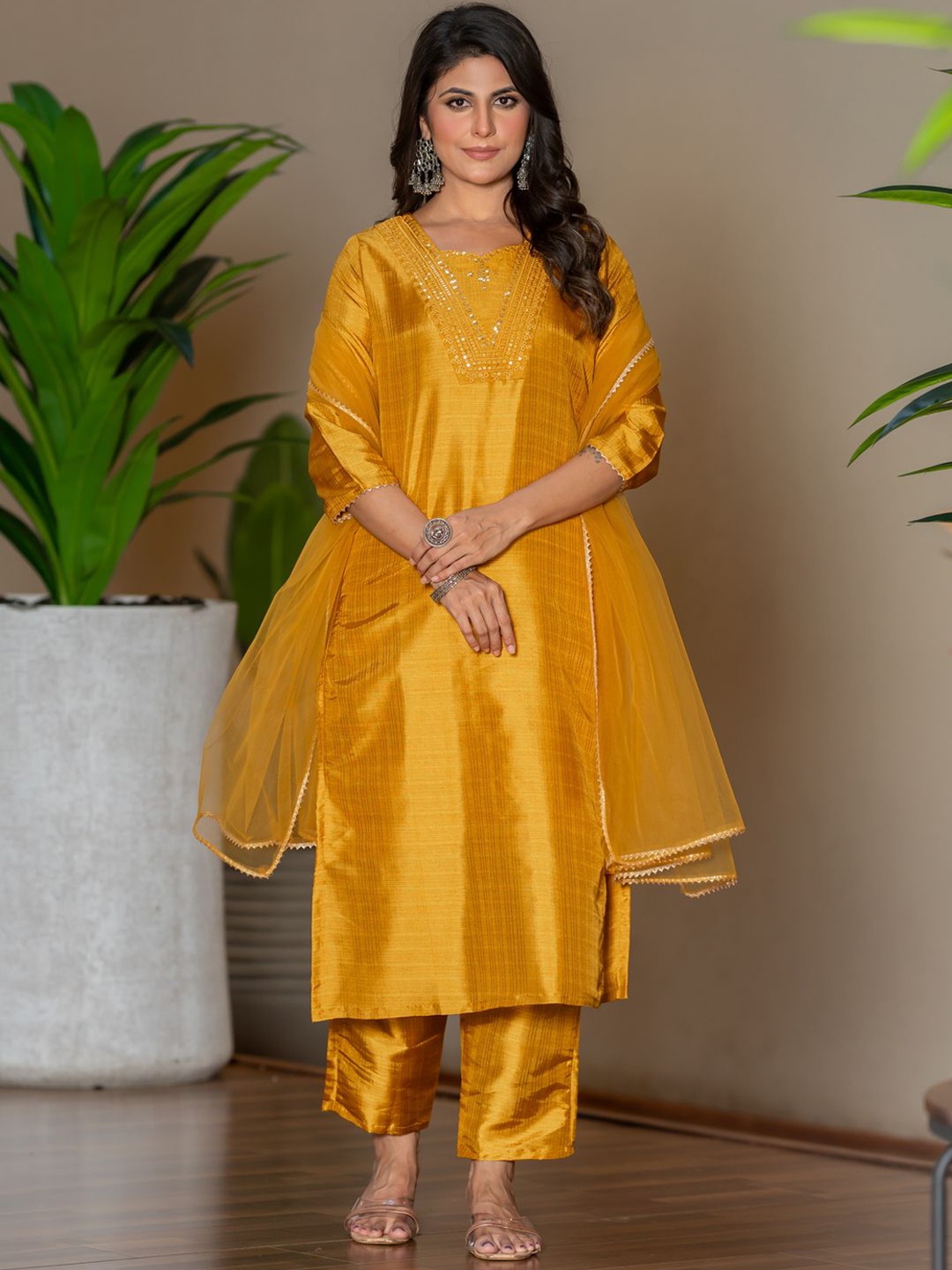 

Twika Women Regular Kurta with Trousers & With Dupatta, Mustard