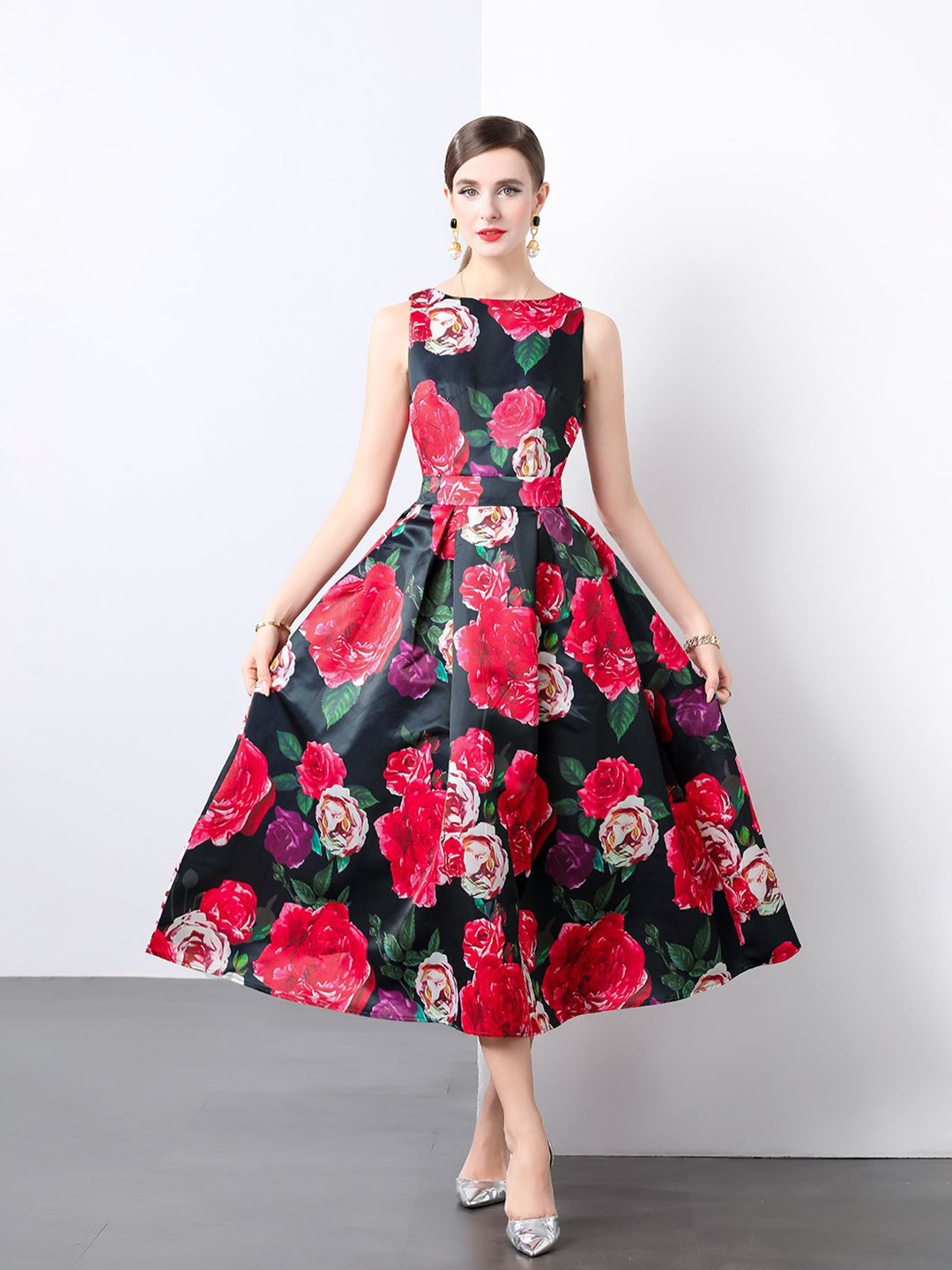 

JC Collection Women Floral Printed Fit & Flare Midi Dress, Black