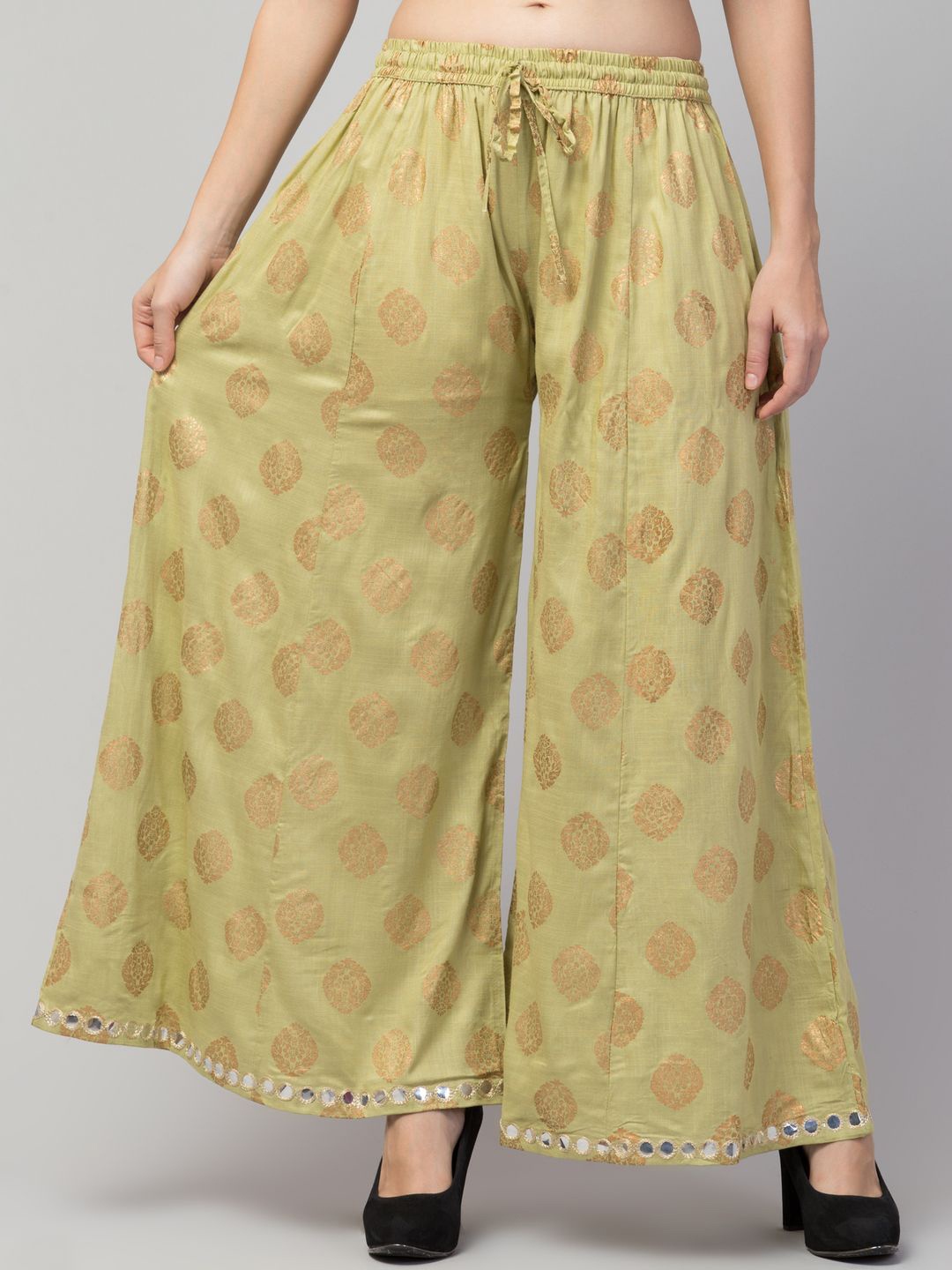

FAMBEE Women Ethnic Motifs Printed Flared Knitted Palazzos, Olive