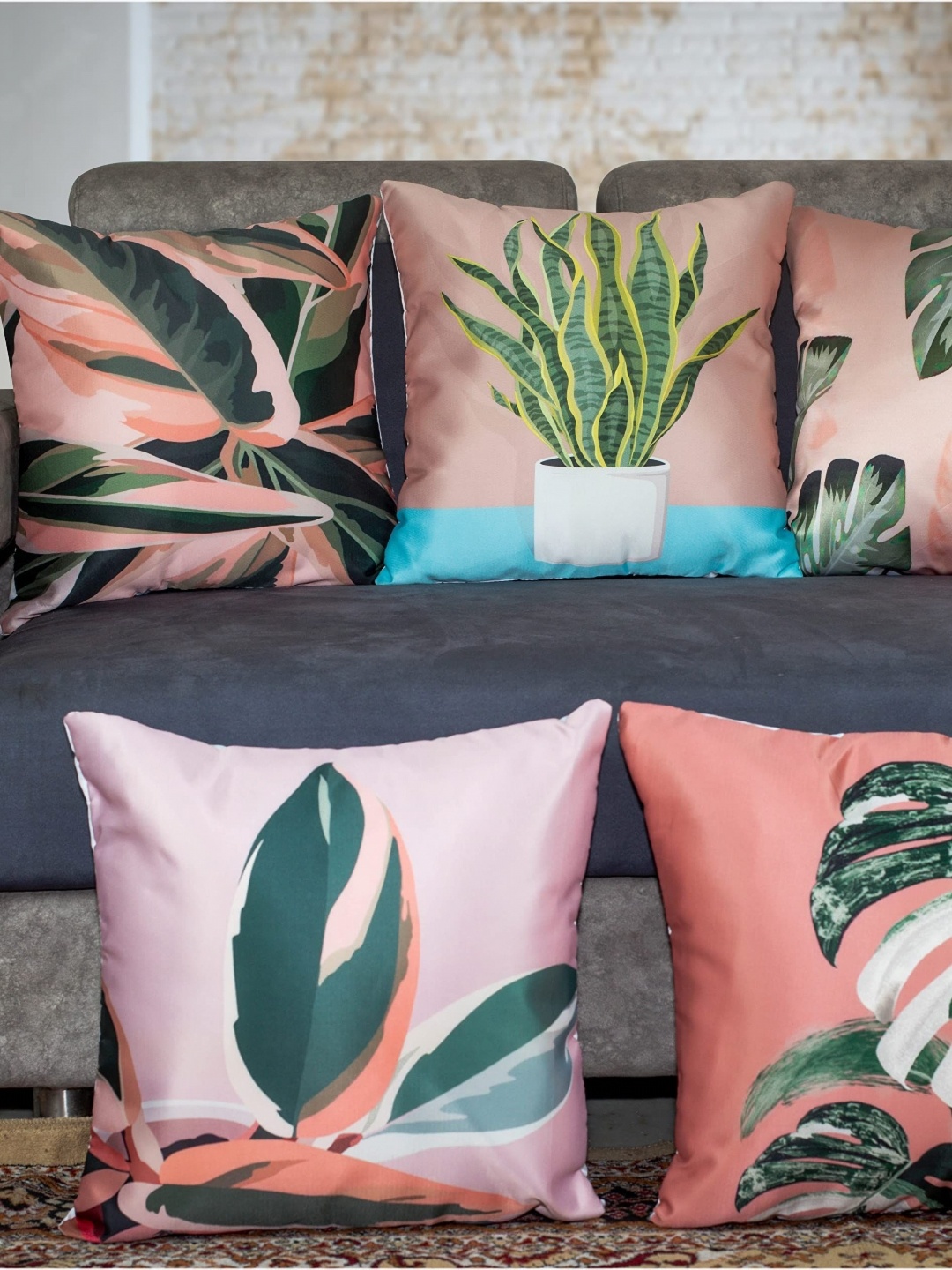 

Vendola Green & White 5 Pieces Tropical Square Cushion Covers