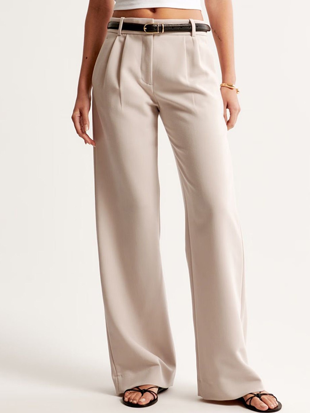 

FNOCKS Women Smart High-Rise Pleated Trousers, Cream