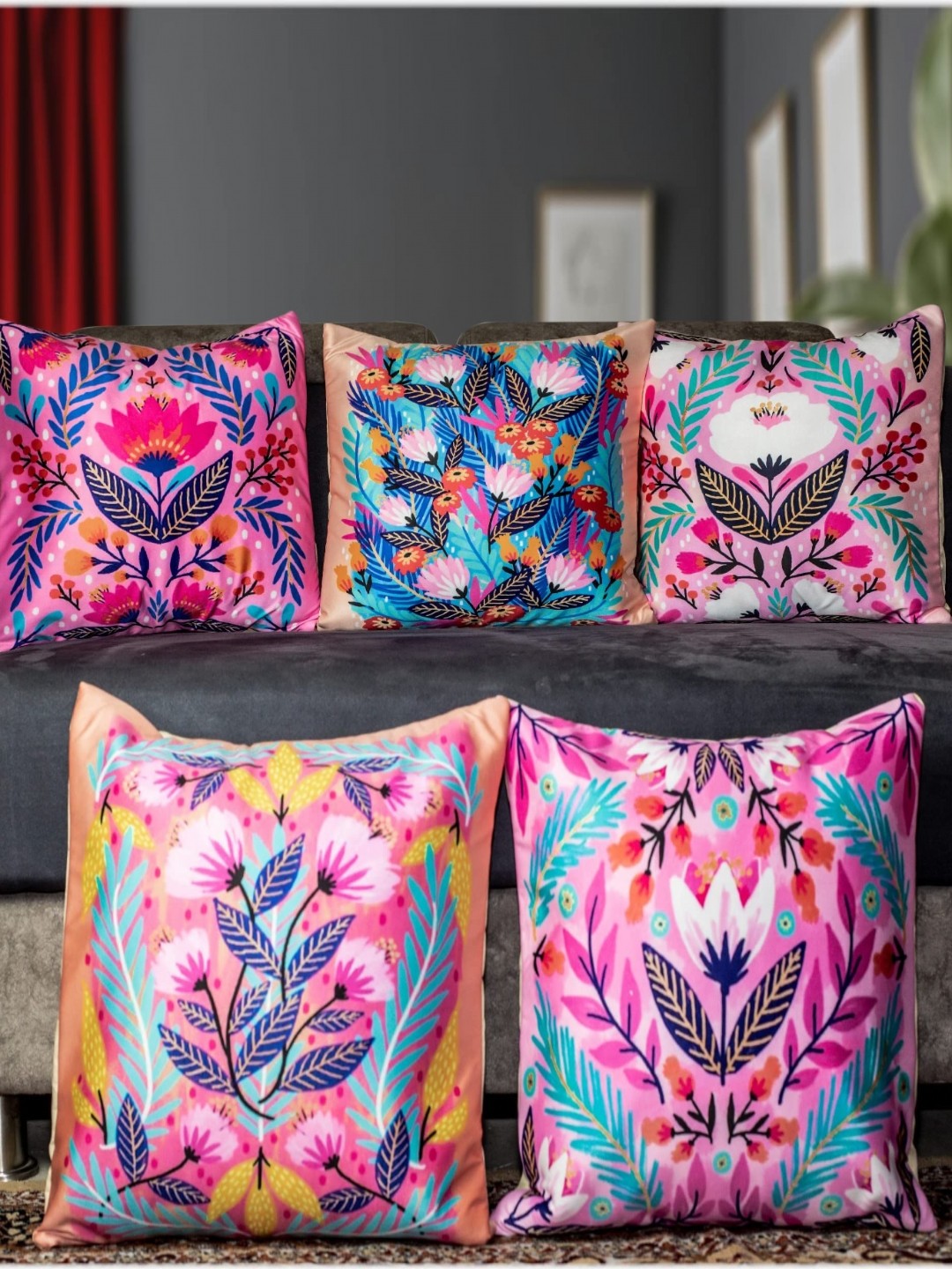 

Vendola Blue & Pink 5 Pieces Floral Printed Satin Square Cushion Covers