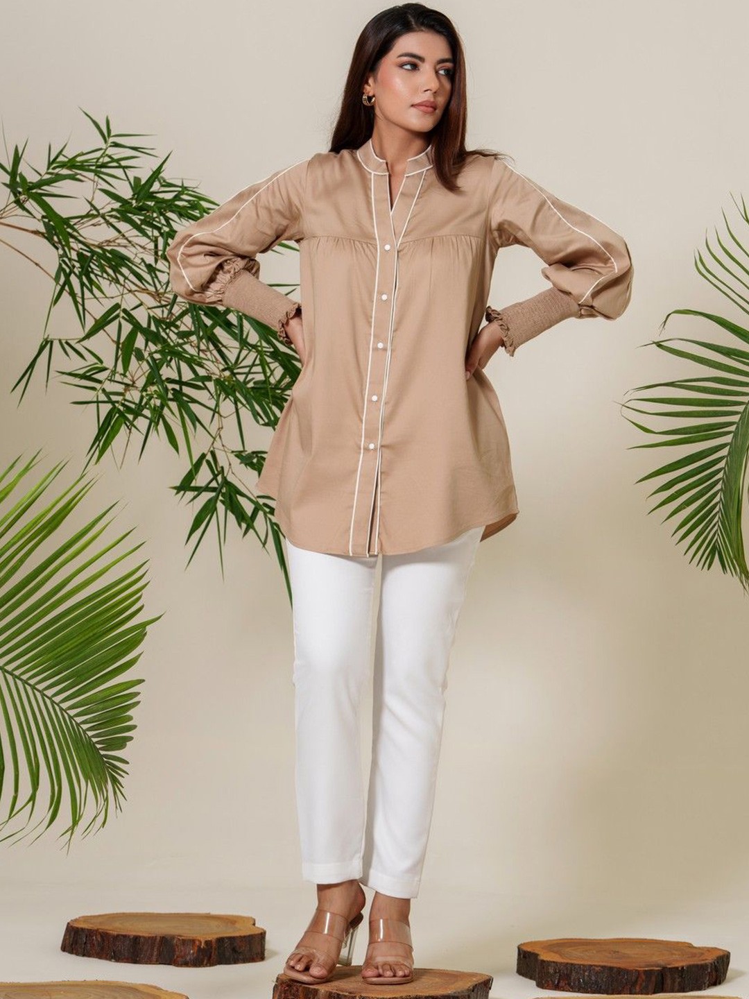 

KINA Women Custom Mandarin Collar Solid Cotton Casual Shirt, Beige