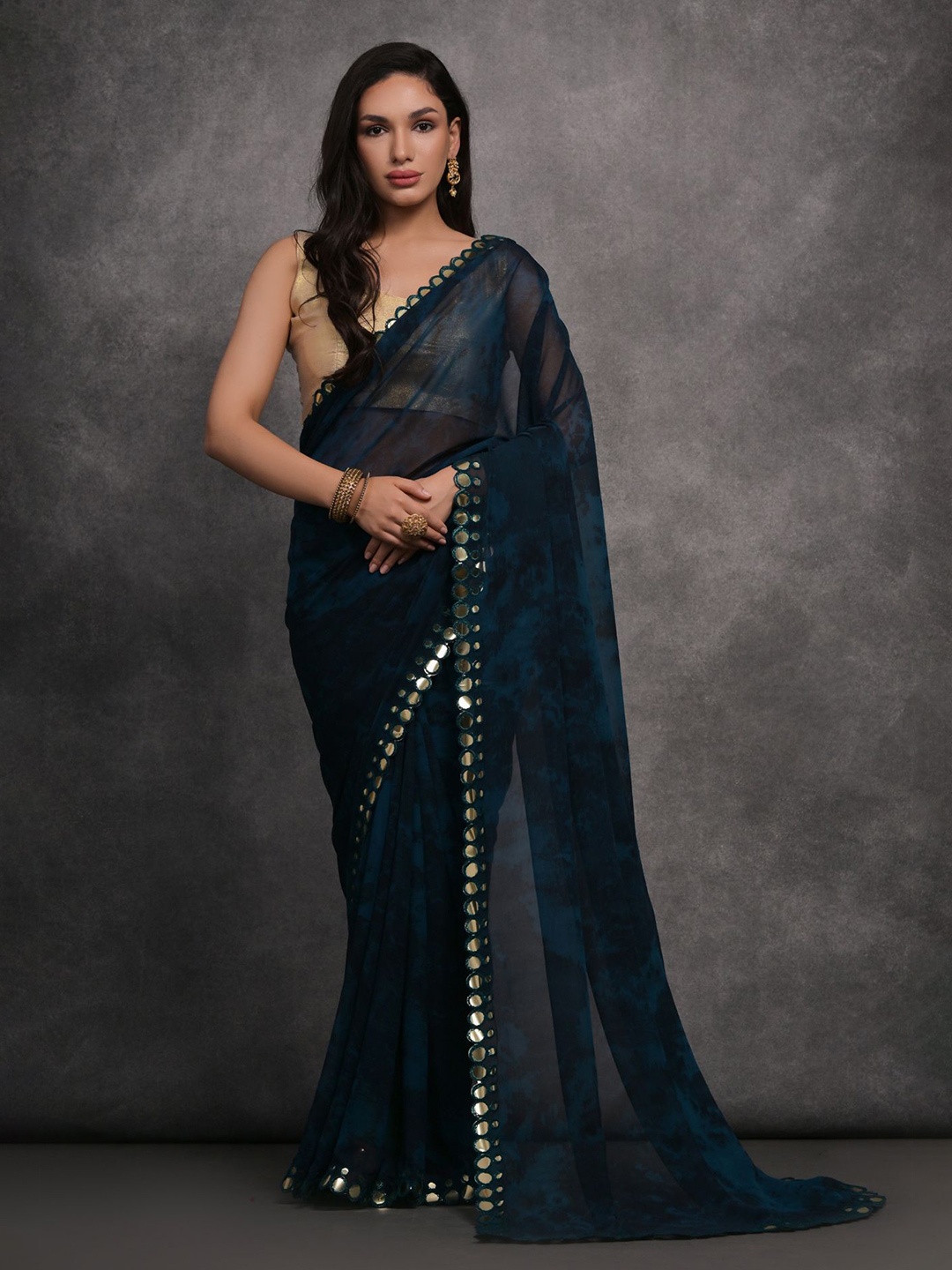 

Mitera Tie & Die Mirror Work Saree, Teal