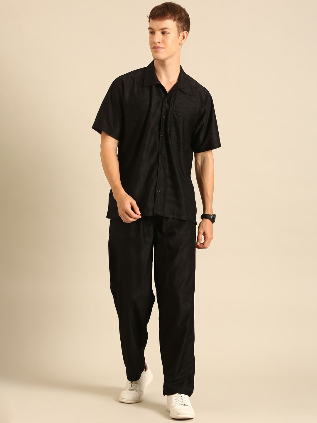 

Joven Striped Corduroy Shirt With Trouser, Black