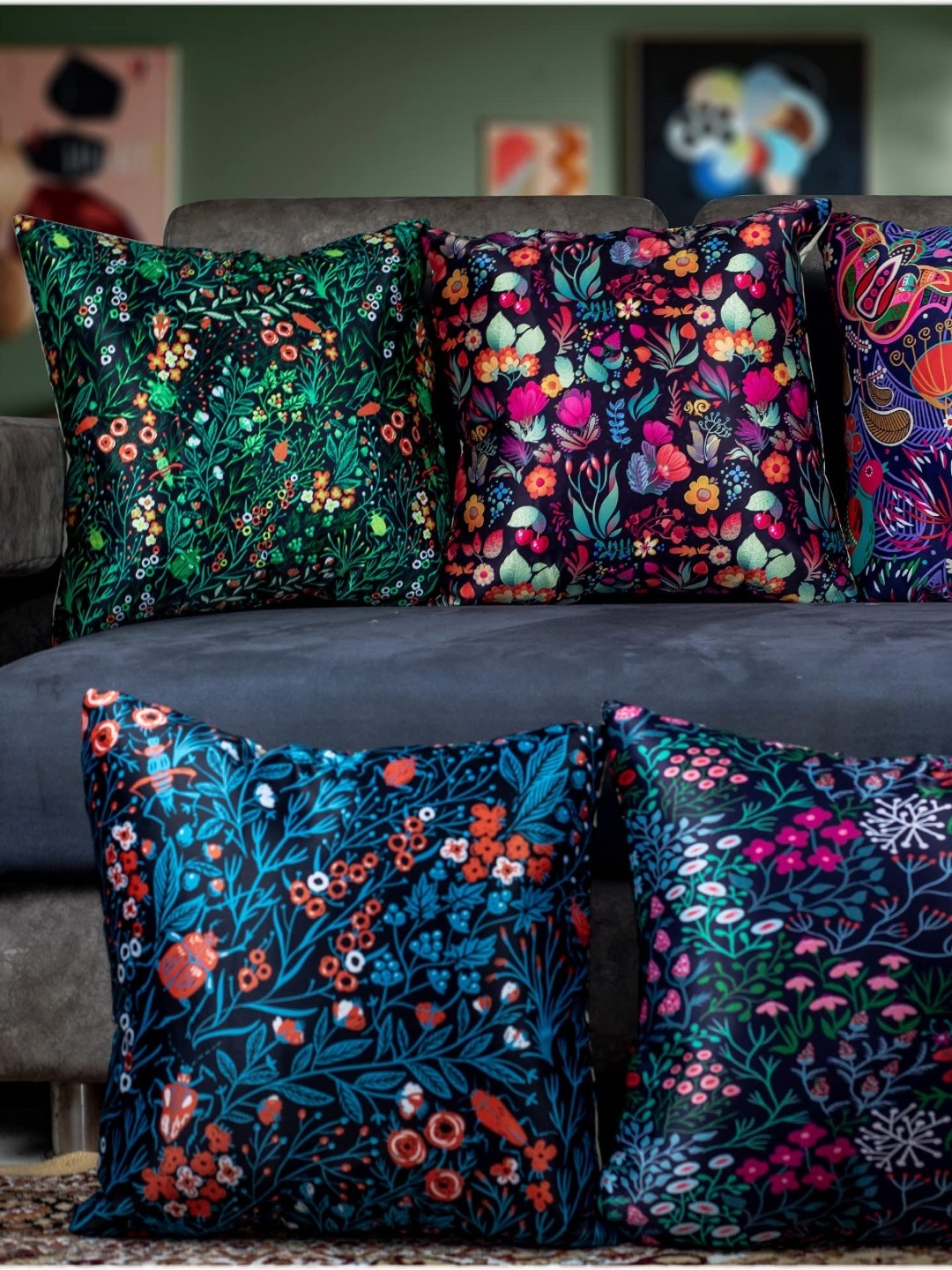 

Vendola Blue & Green 5 Pieces Ethnic Motifs Printed Satin Square Cushion Covers