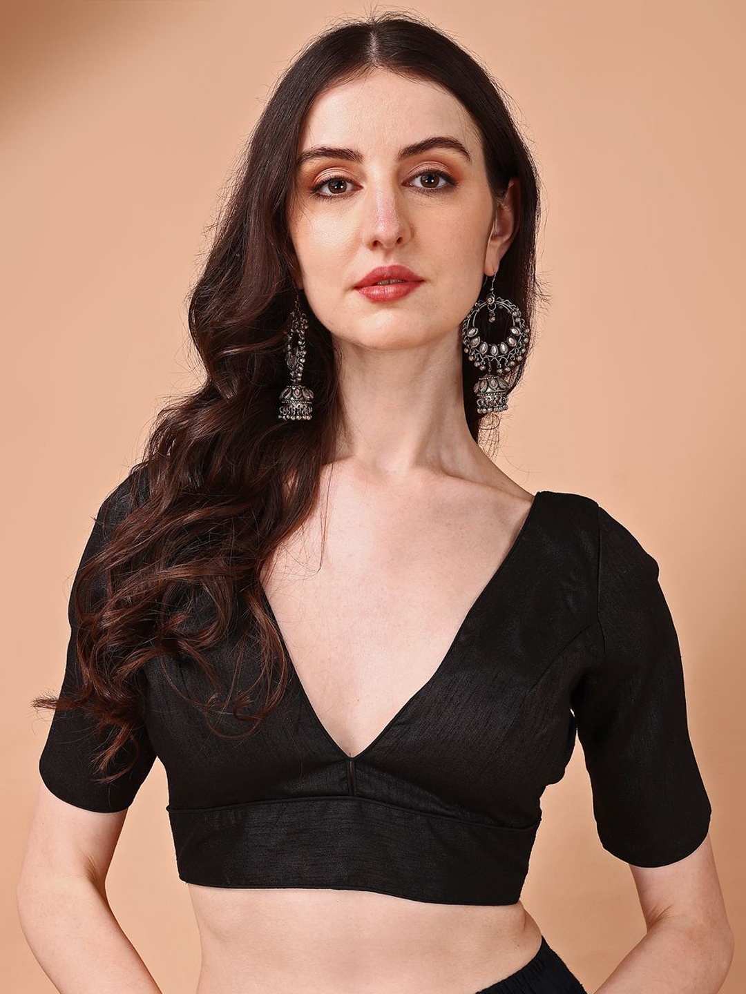 

Tikhi Imli V-Neck Short Sleeves Saree Blouse, Black