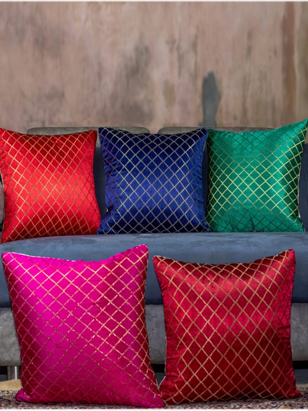 

Vendola Blue & Green 5 Pieces Geometric Square Cushion Covers