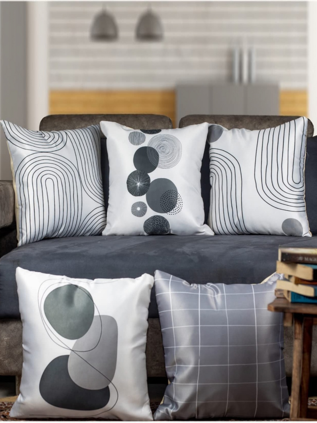 

Vendola White & Black 5 Pieces Ethnic Motifs Printed Satin Square Cushion Covers