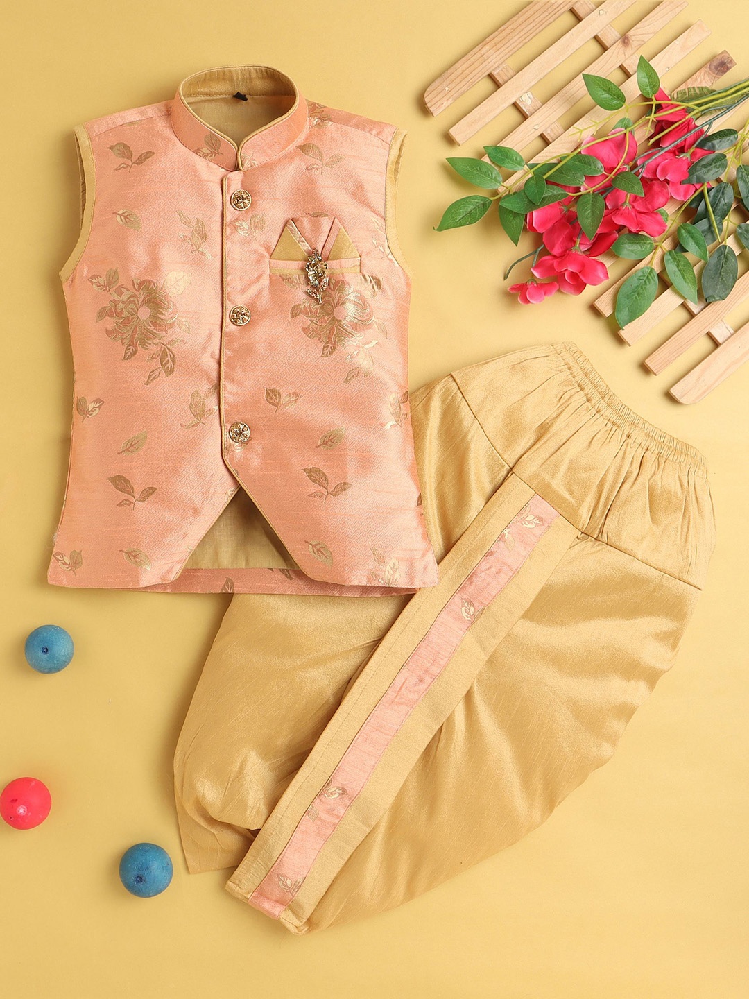 

BAESD Boys Floral Regular Kurta with Dhoti Pants, Peach