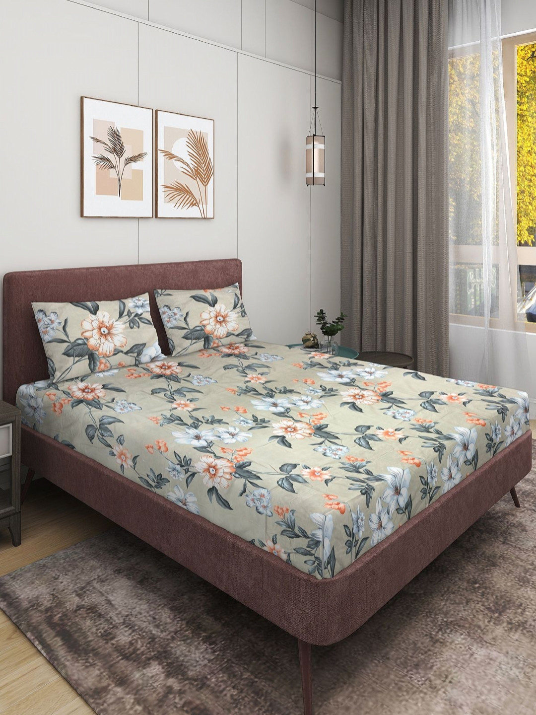 

Myntra Elegant Homes Beige Floral Cotton 186 TC Queen Bedsheet with 2 Pillow Covers