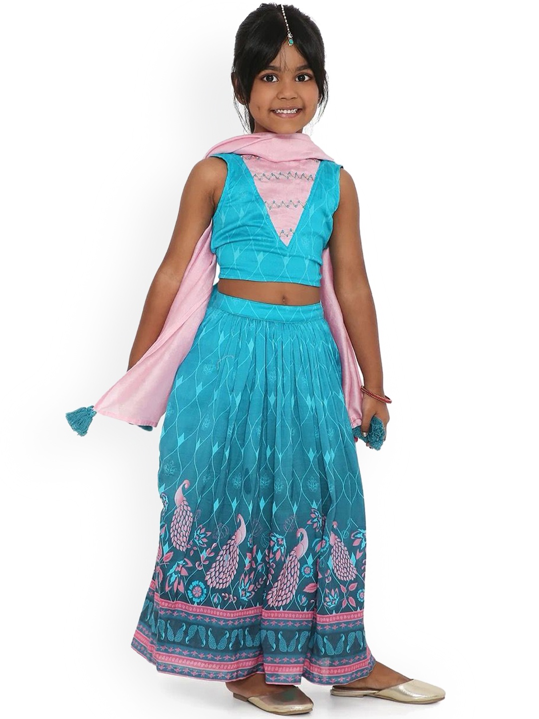 

Miko Lolo Girls V-Neck Printed Lehenga & Blouse With Dupatta, Turquoise blue