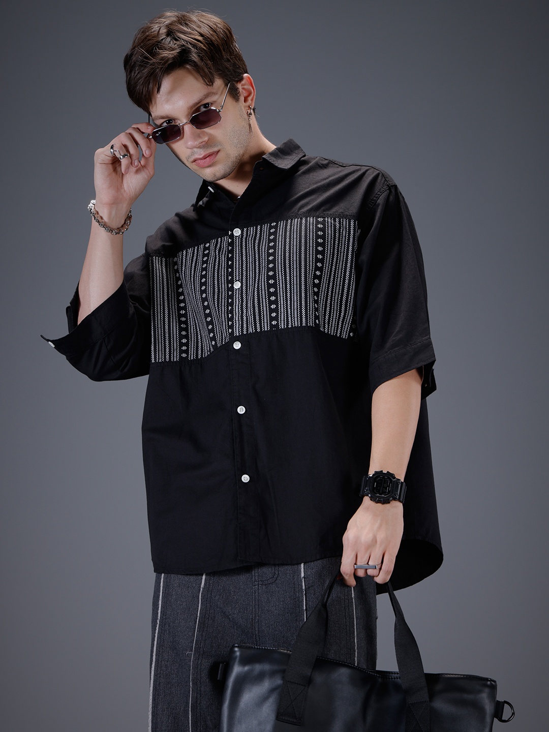 

SOKO STREET Pure Cotton Geometric Printed Oversized Shirt, Black