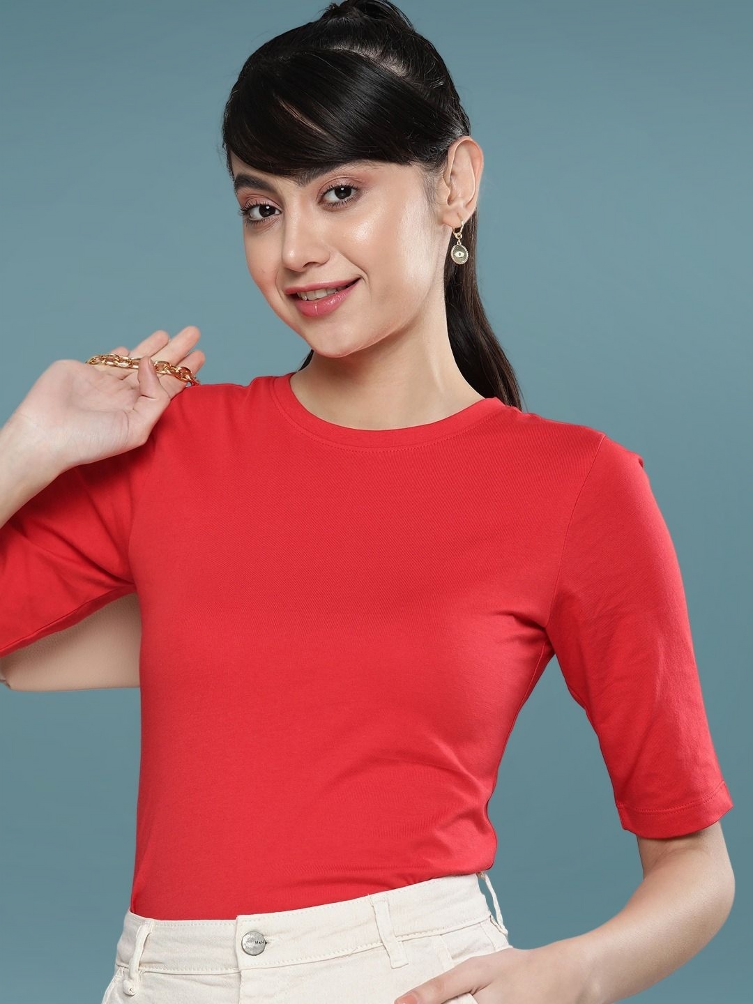 

DressBerry Women Cotton Round Neck Casual T-shirt, Red