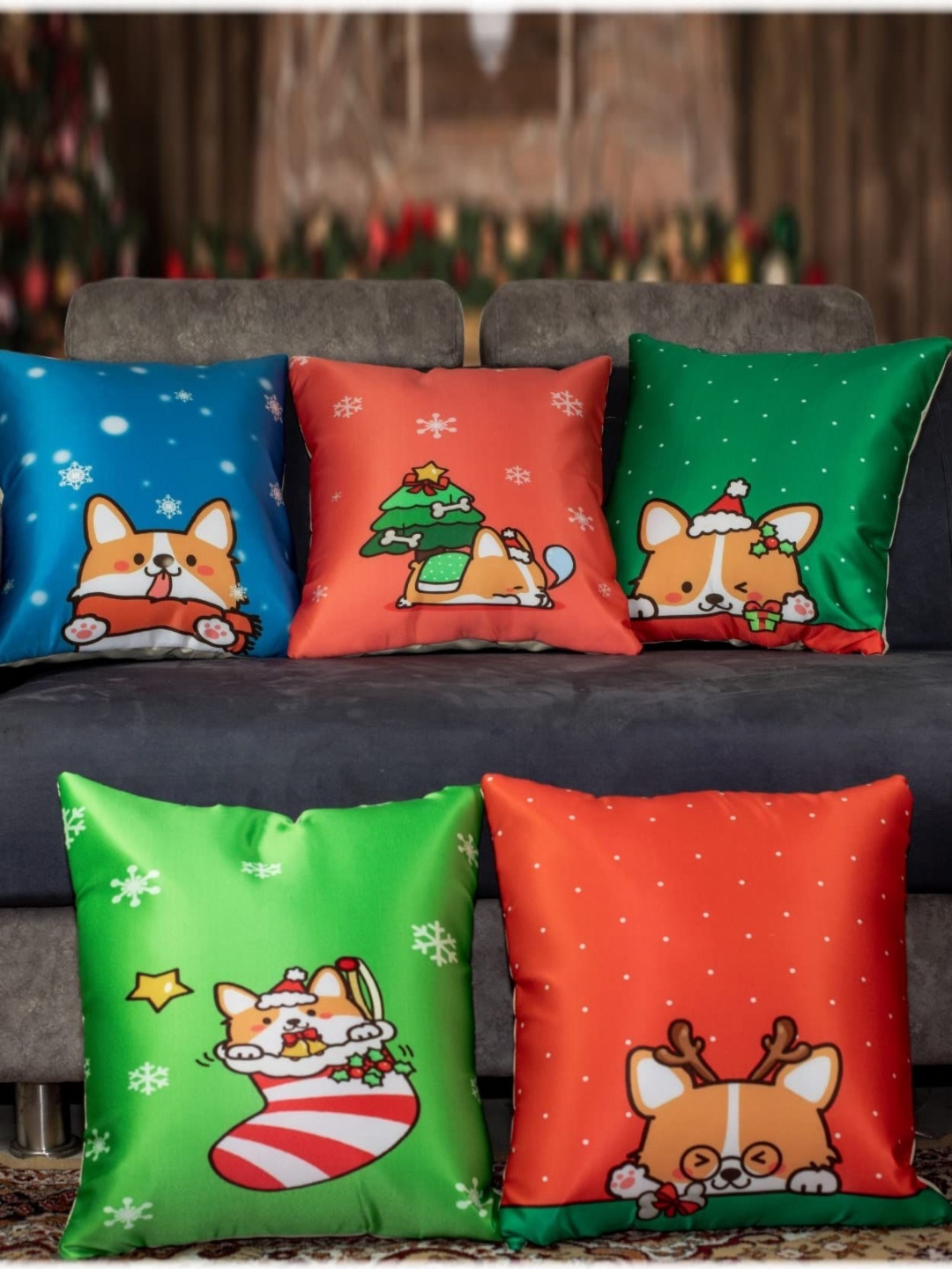 

Vendola Blue & Red Set of 5 Abstract Satin Square Cushion Covers