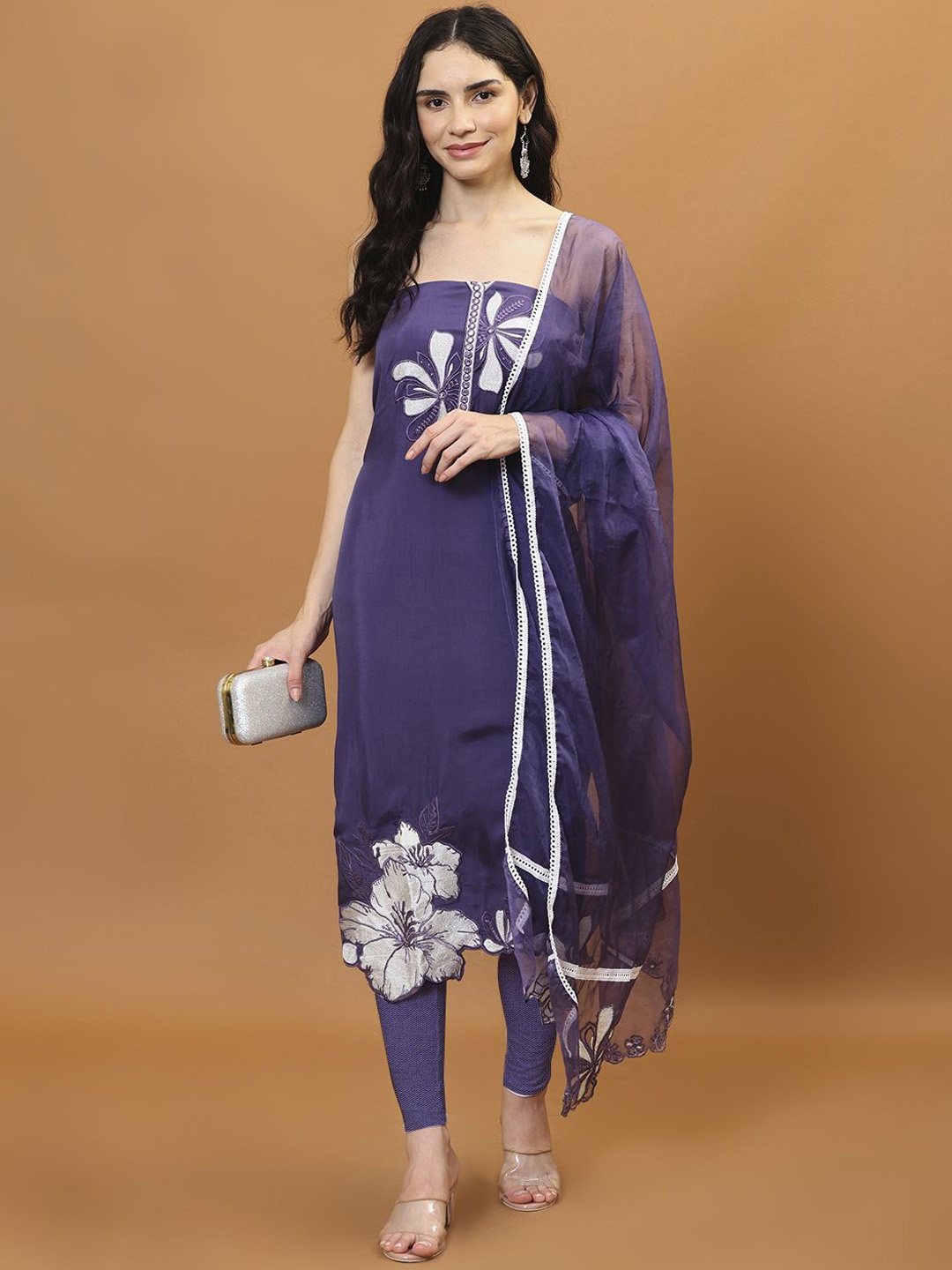 

Meena Bazaar Embroidered Art Silk Unstitched Dress Material, Purple