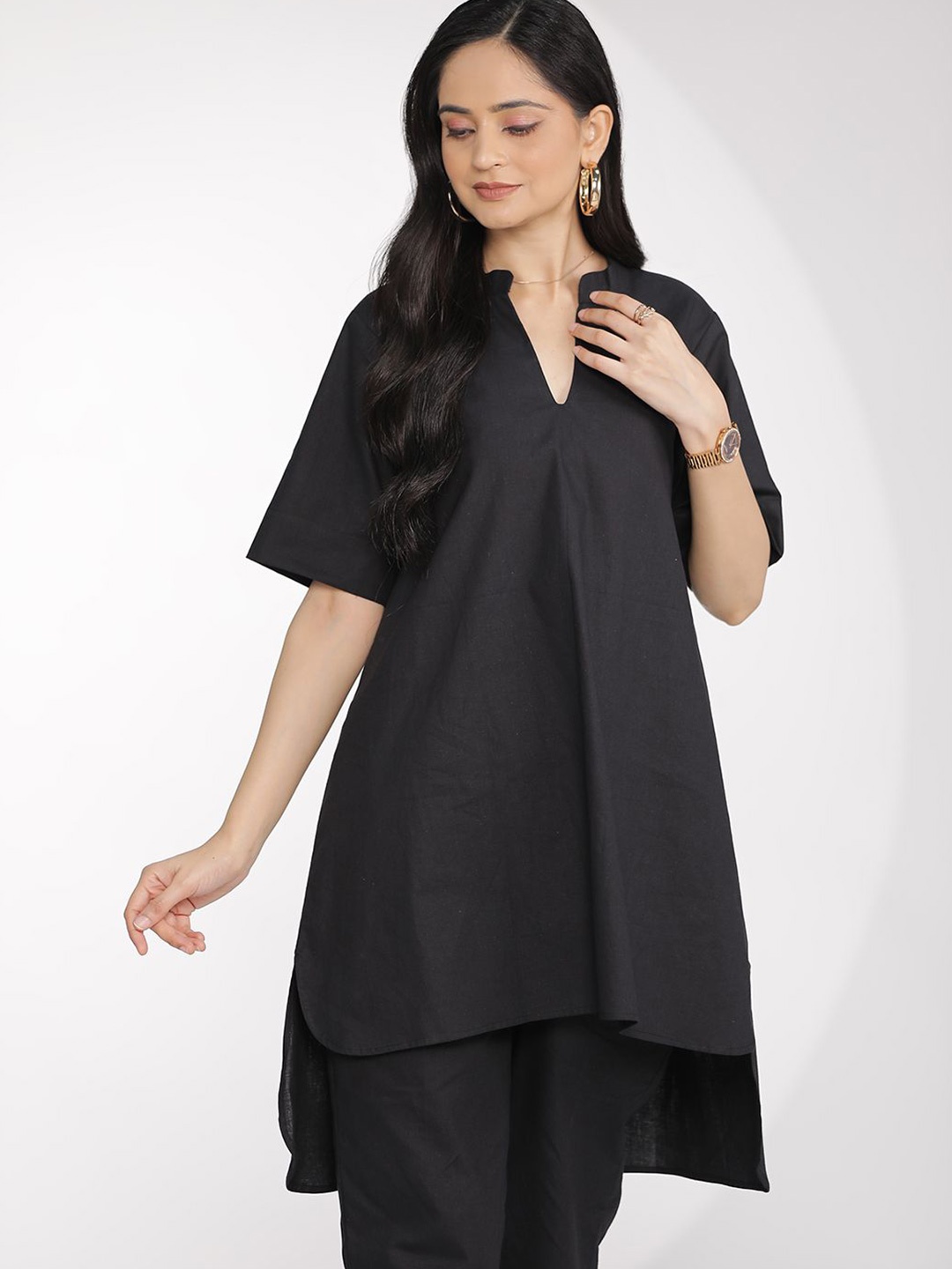 

LetsDressUp Women Pure Cotton Mandarin Collar Kurti, Black