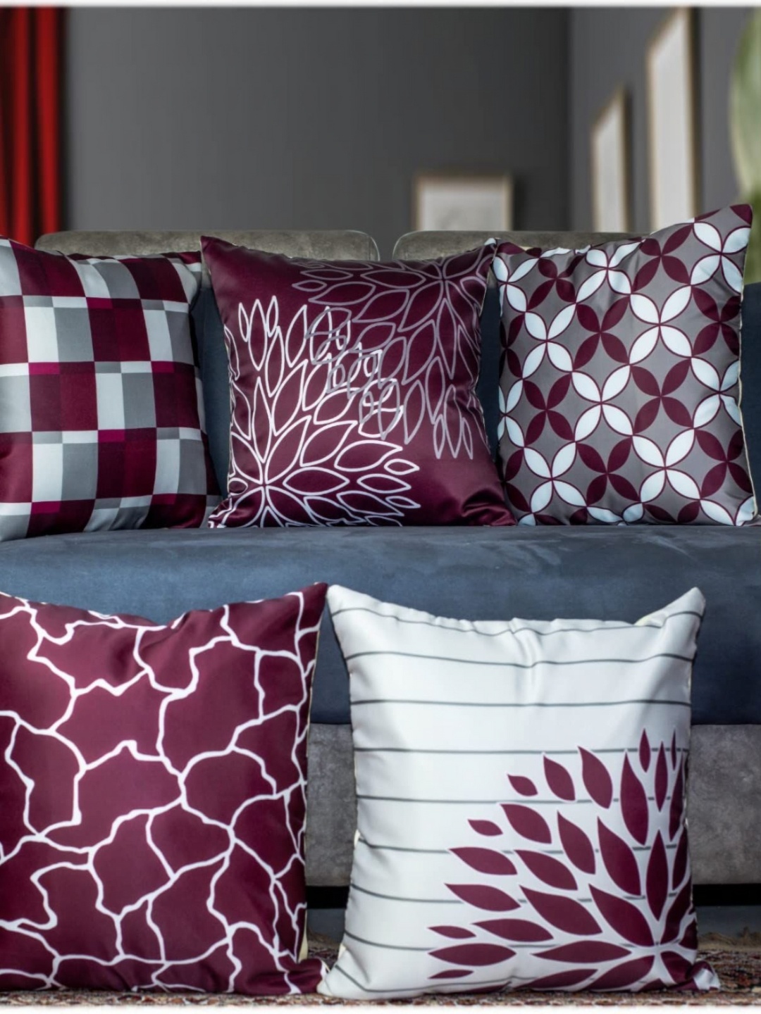 

Vendola Burgundy & White 5 Pieces Floral Printed Satin Square Cushion Covers