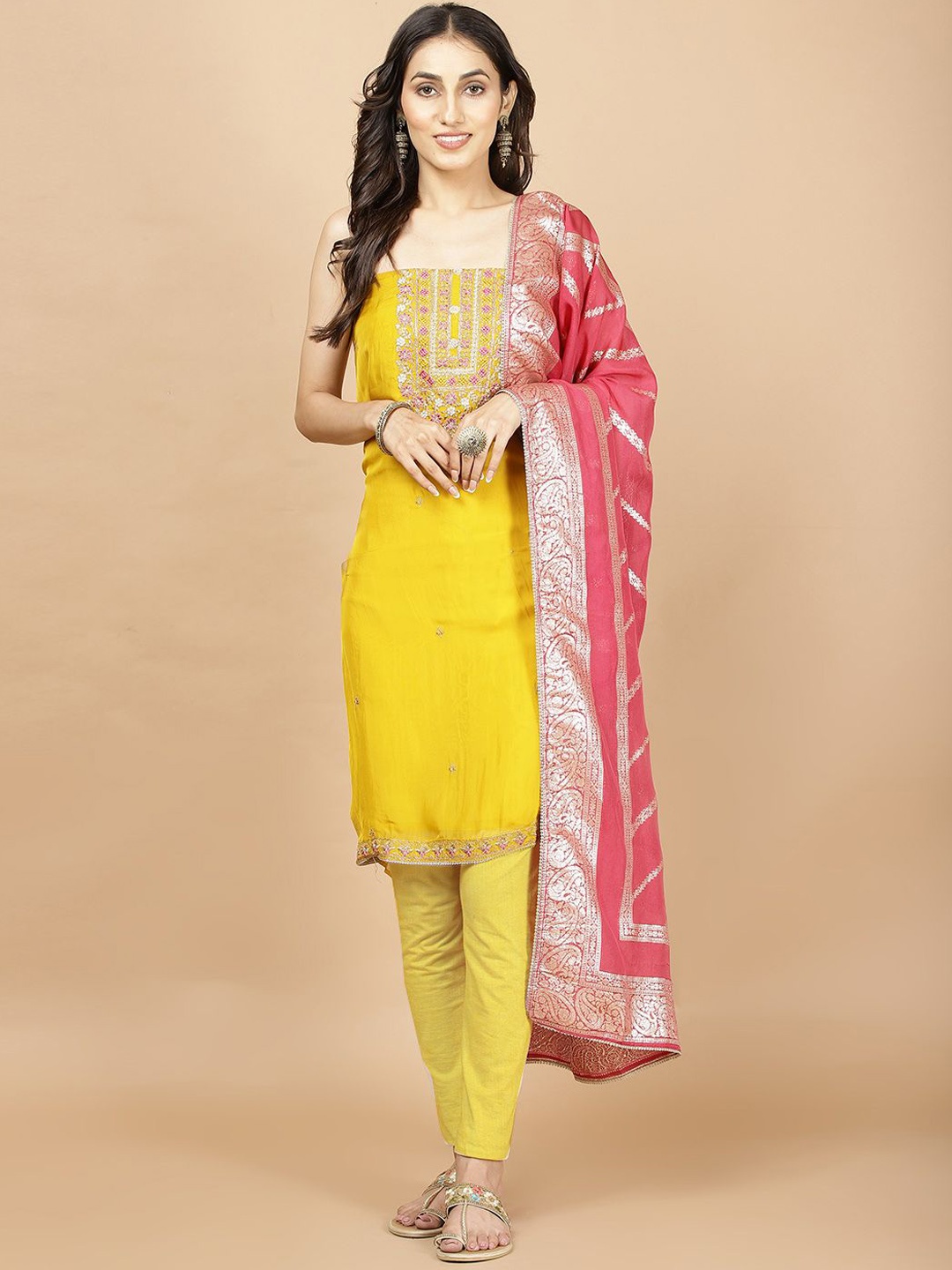 

Meena Bazaar Floral Embroidered Organza Unstitched Dress Material, Yellow