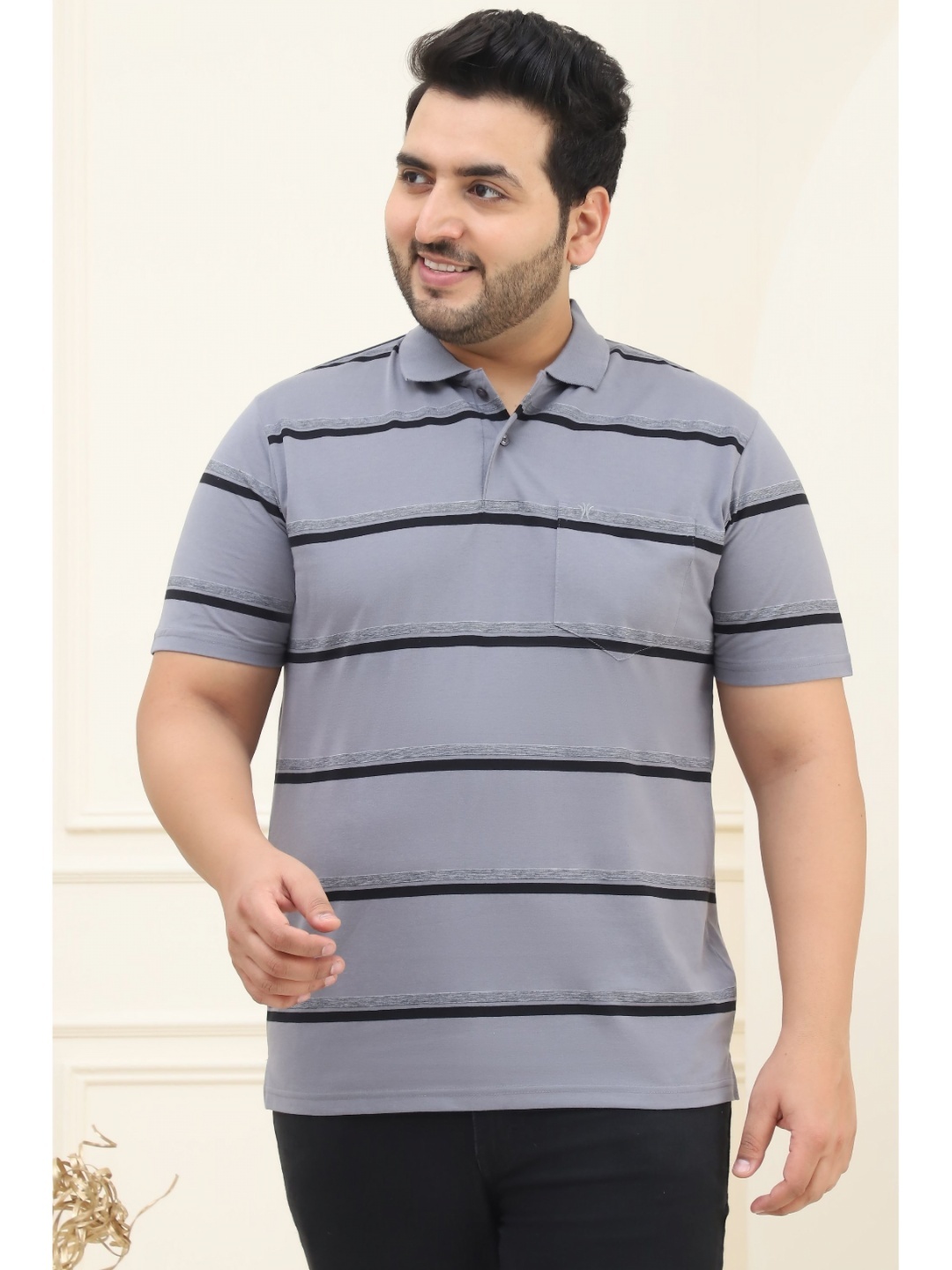 

VENITIAN Men Striped Polo Collar Cotton Plus Size T-shirt, Grey