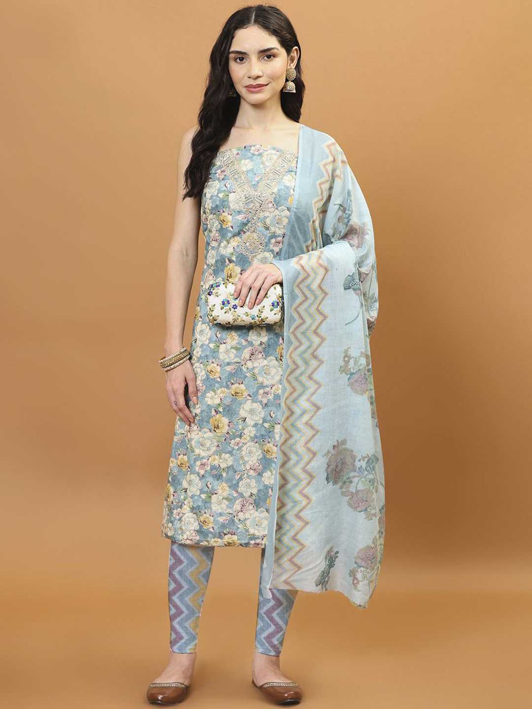 

Meena Bazaar Printed Unstitched Dress Material, Blue