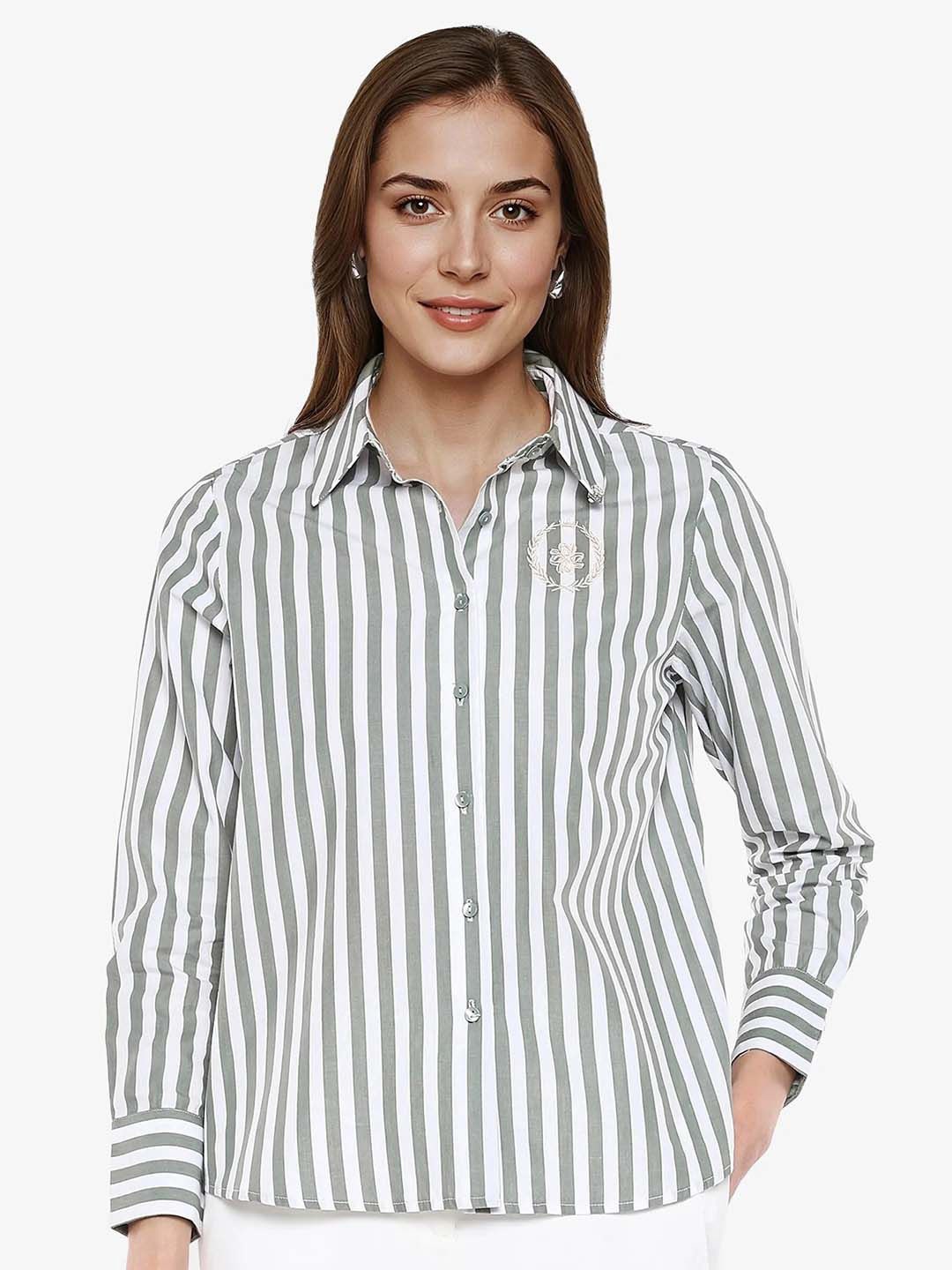 

RAREISM Women Comfort Spread Collar Vertical Striped Cotton Casual Shirt, Green