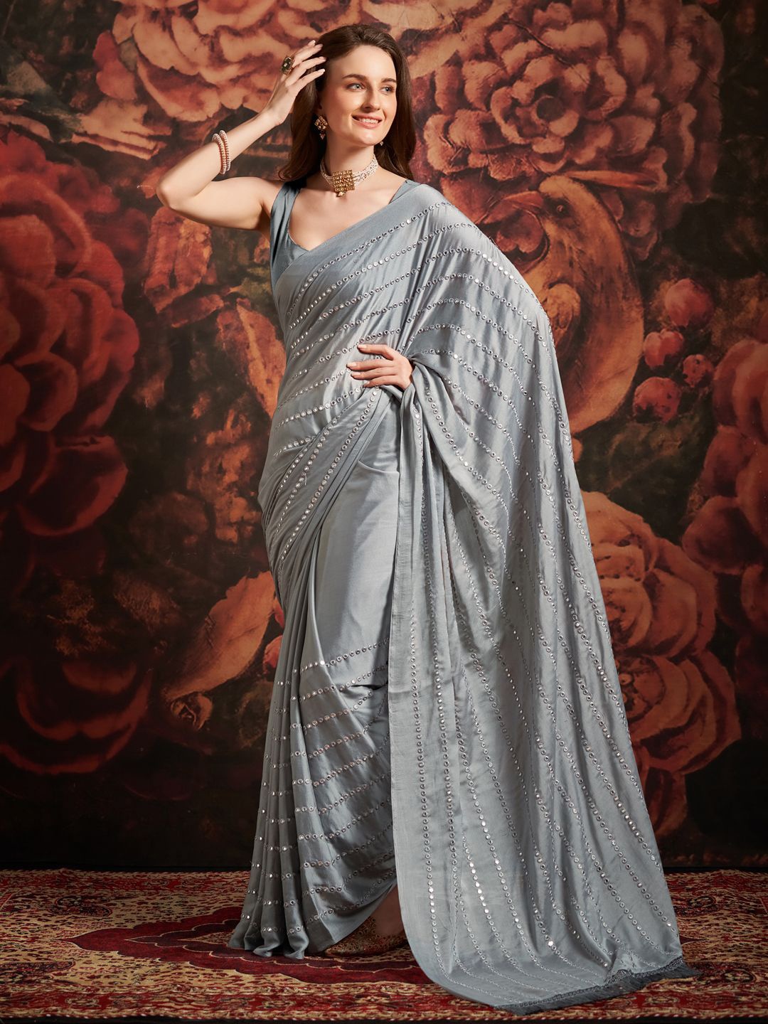 

KALINI Embellished Mirror Work Poly Georgette Saree, Grey