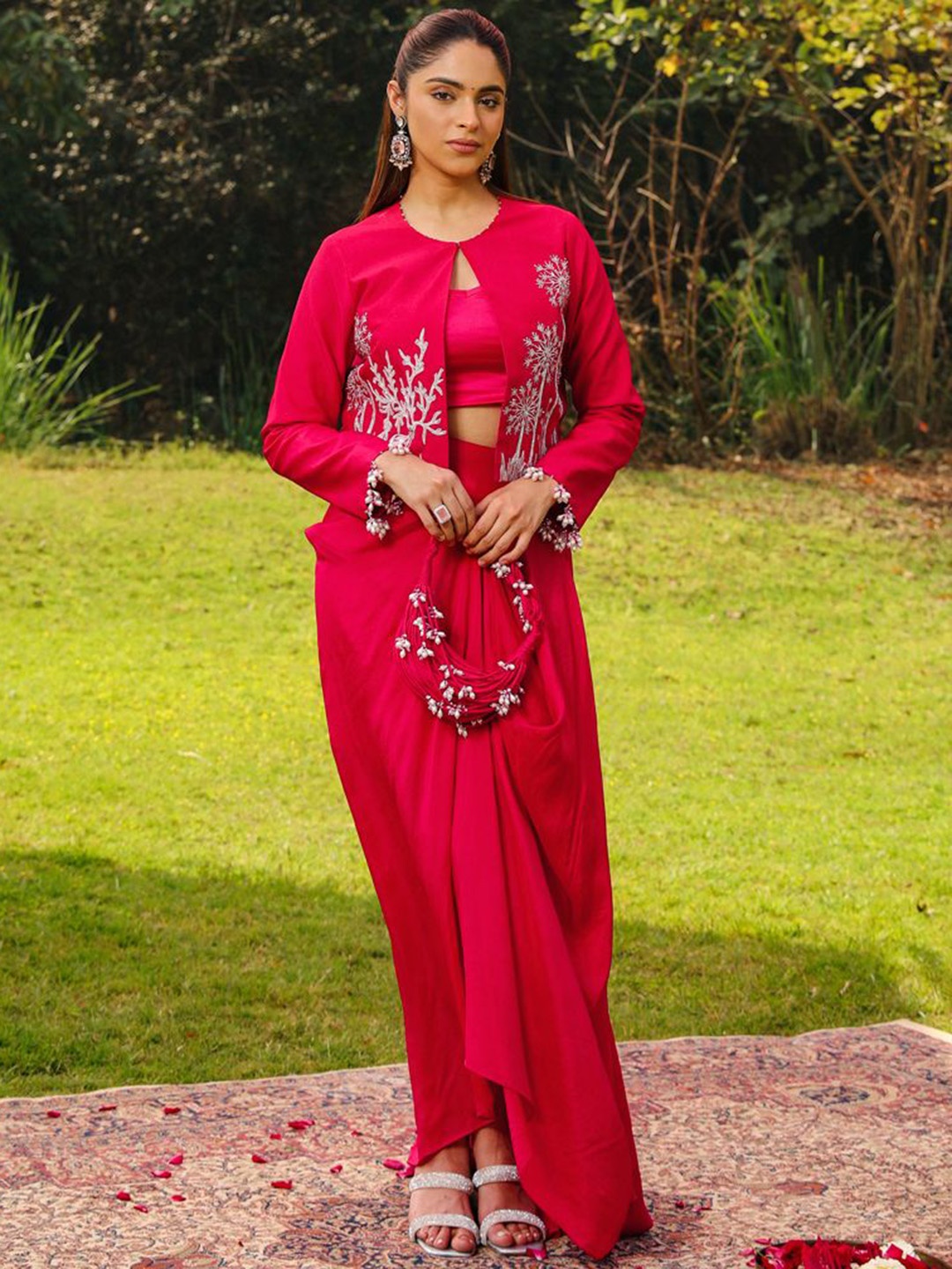 

AJIESH OBEROI Embroidered Long Sleeve Shrug Top & Skirt Co-Ords, Pink