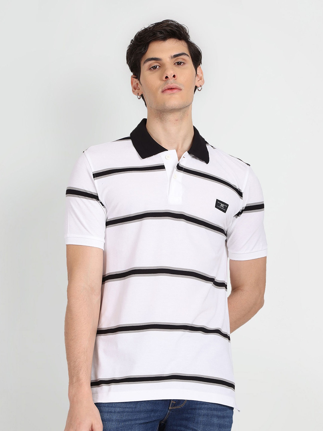 

Flying Machine Regular Fit Striped Polo Collar T-shirt, White