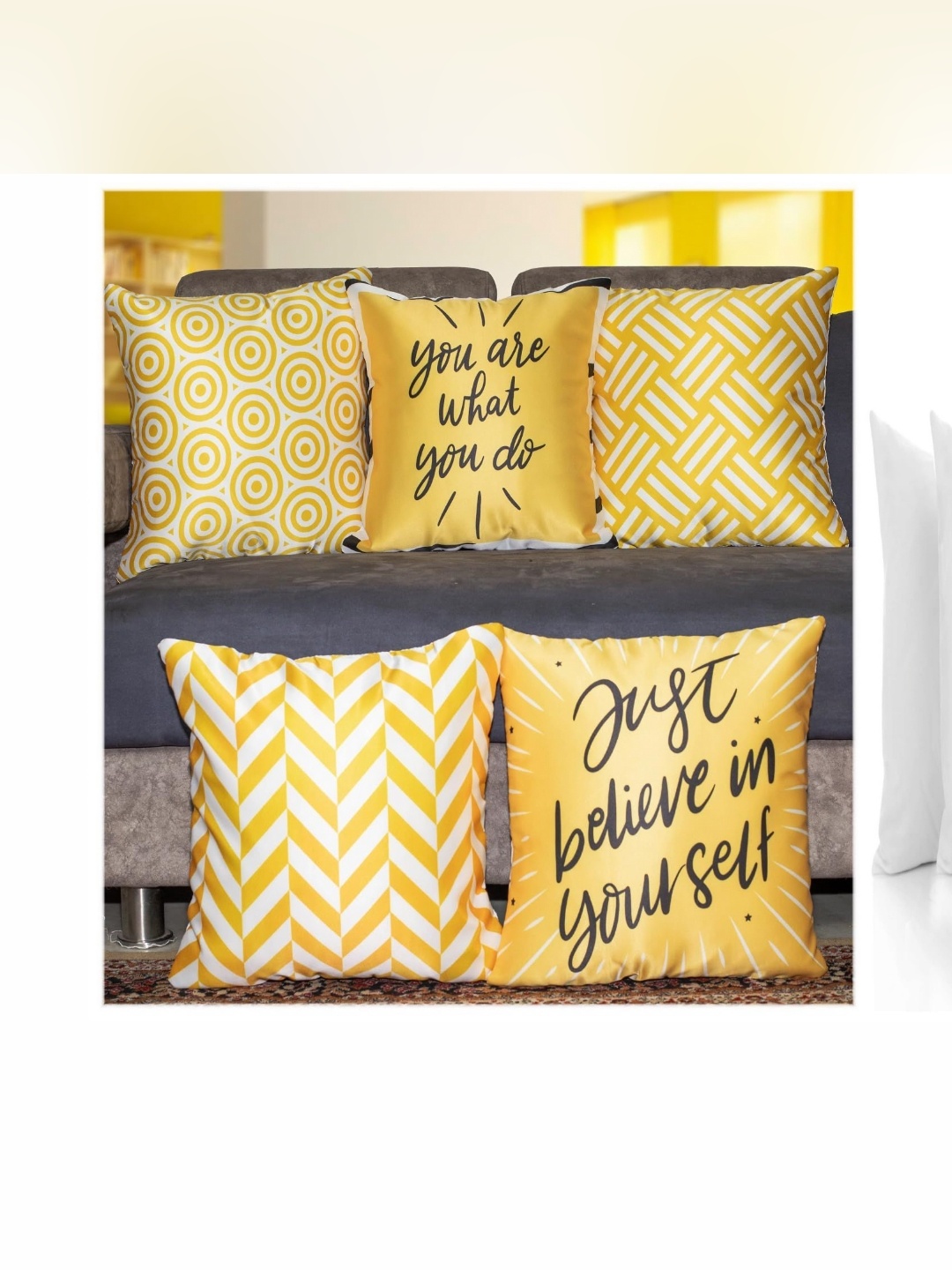 

Vendola Yellow & White 5 Pieces Geometric Printed Satin Square Cushion Covers