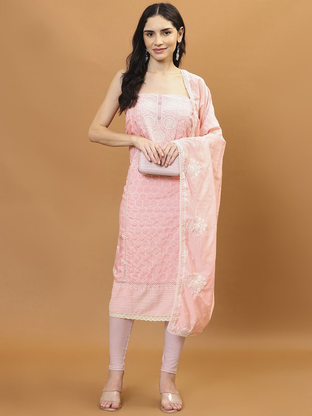 

Meena Bazaar Embroidered Art Silk Unstitched Dress Material, Pink
