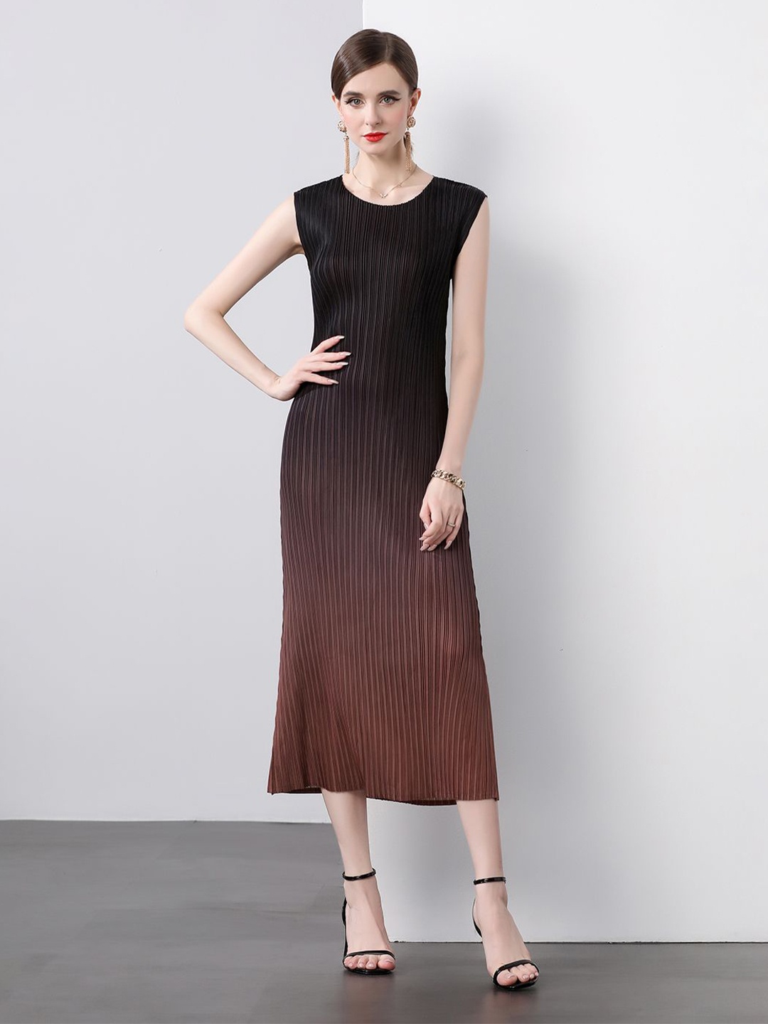 

JC Collection Women Striped A-Line Midi Dress, Coffee brown