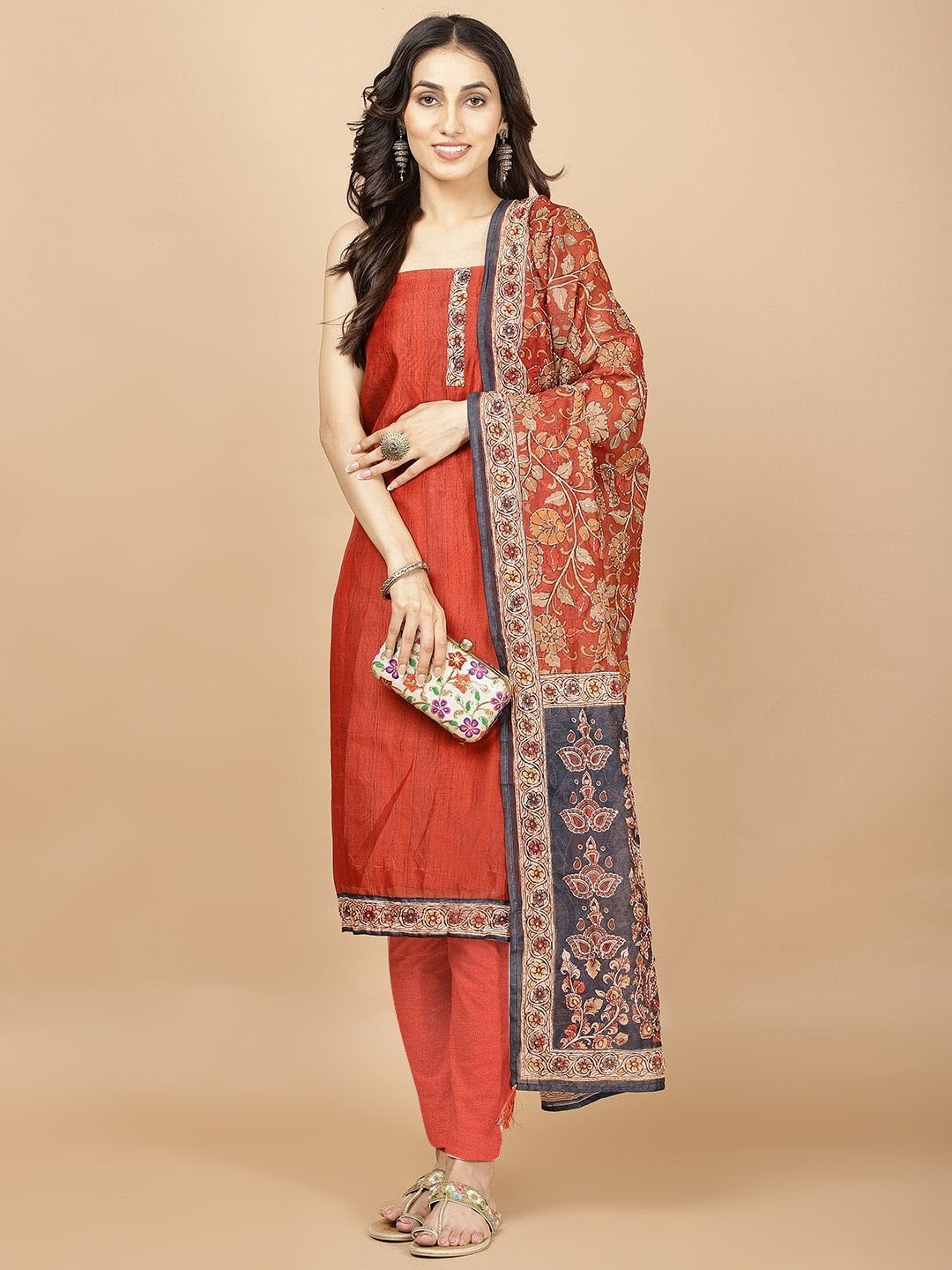 

Meena Bazaar Floral Yoke Design Sequined Chanderi Unstitched Dress Material, Red
